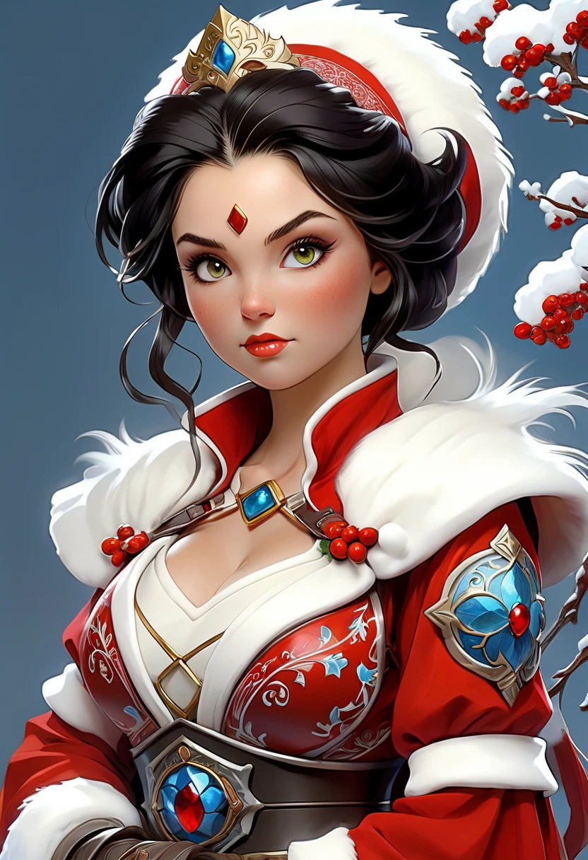 A powerful fantasy depiction of  young adult Mrs. Claus as a heroic D&D adventurer. black hair. She stands confidently, exuding strength and elegance, clad in ornate crimson plate armor trimmed with white fur, and adorned with intricate Christmas symbols like holly, snowflakes, and glowing runes. Her armor shines with magical energy, and she holds a radiant, enchanted weapon, ready for battle. Her poised yet commanding presence shows both her regal nature and her power. The scene captures the epic, adventurous style of classic Dungeons & Dragons artwork, with bold colors, intricate details, and a sense of magical grandeur, highlighting Mrs. Claus as a fierce and heroic figure. McKayla Maroney
