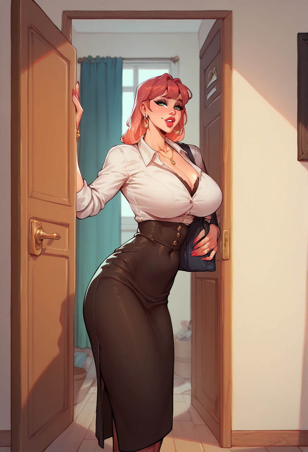 woman with a voluptuous body, entering the door of his house, dressed to go to the office(white skin)