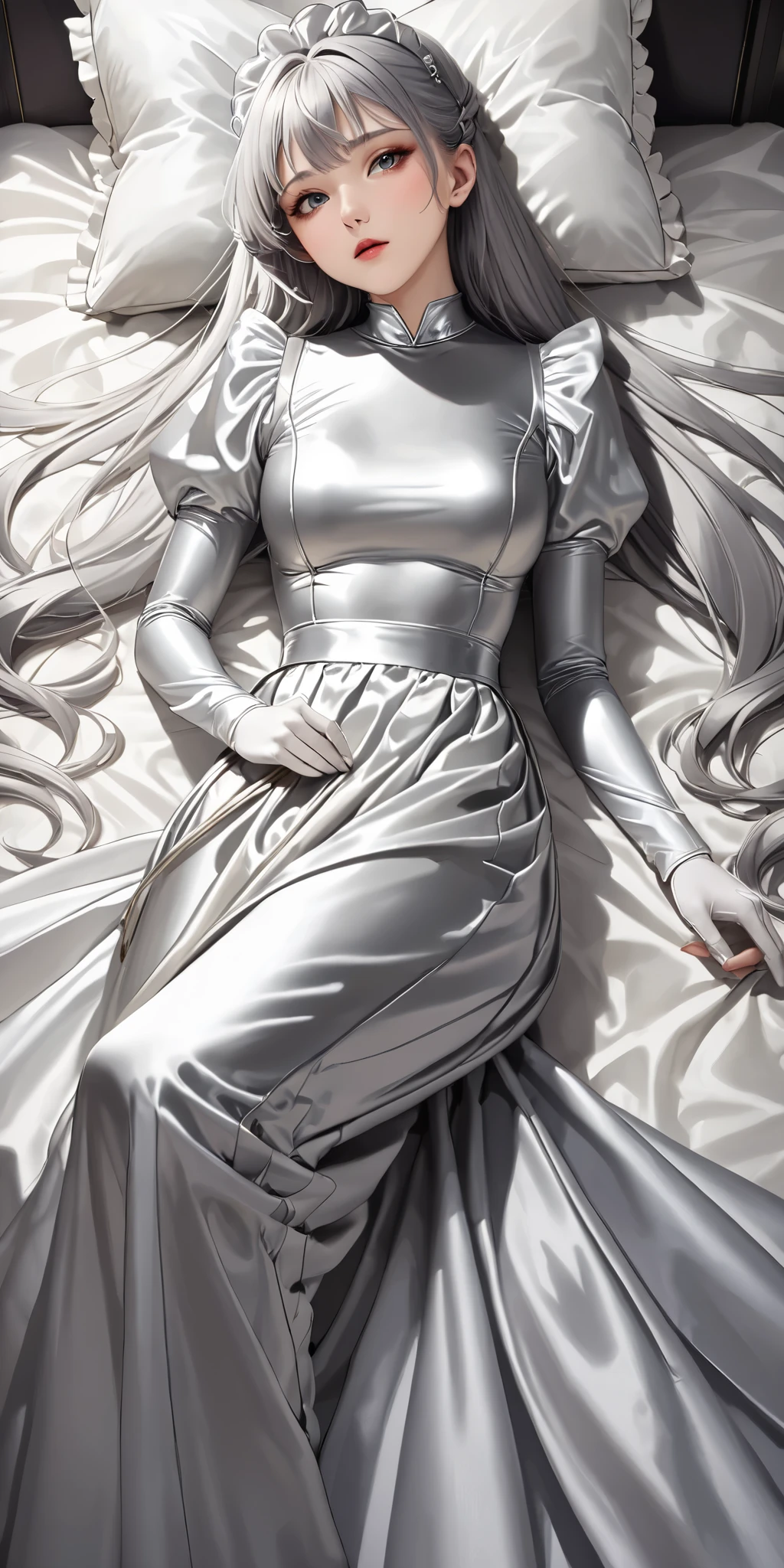 Portraiture、(masterpiece,Highest quality,Ultra-high resolution),Japanese women, (((Very beautiful 25 year old girl)))、(She is wearing a shiny light silver satin long sleeve maid outfit..)、The dress has a simple design without any patterns...、(((A long skirt made of pale silver satin.)))、Pale silver satin gloves、((Pale silver satin bodysuit))、Lying on a satin bed