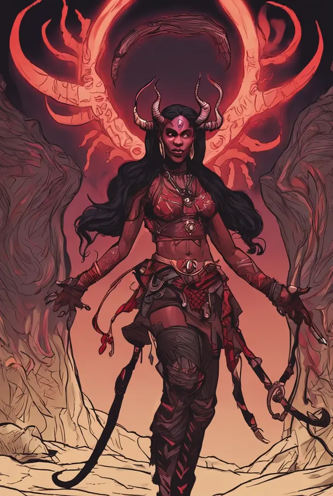 Red skin succubus tiefling, medium breasts, black horns, wings, huge tail, black leather, crop top, long flowing pelvic curtain, tall, toned, graceful, thin, long black ponytail. Action scene, whip. Dark scene, explosions, night sky.