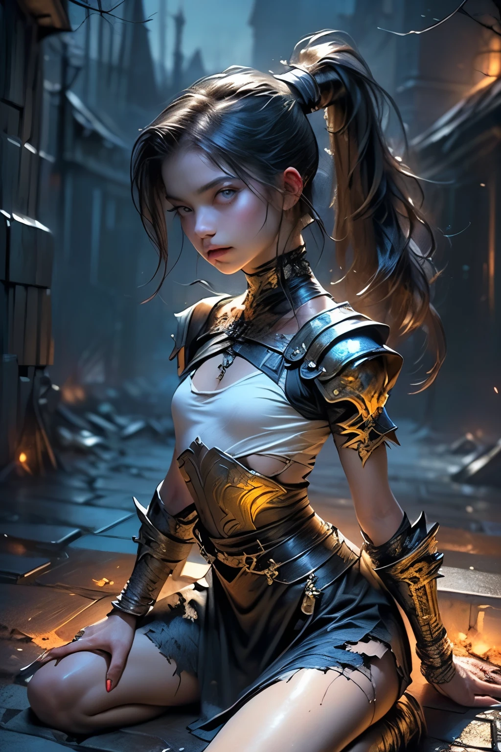 ((best quality)), ((masterpiece)), (detailed), perfect face (((mastepiece, of the highest quality, super detailed))), photorealistic, (heroic composition), (front facing), ((((Highly detailed face)))), small thin nose, Small thin lips mouth, (((Very sharp focused eyes))), ((perfect symmetrical beautiful eyes)), (resolved expression), (resolute expression), ((Dark Souls inspired)), ((Dark Souls aesthetic)), (dark fantasy), (a female warrior blessed by arcane forces, imbued with eldritch powers and cosmic greatness), (almost inhuman beauty, like a sinister angel), (an occultic warrior priestess), (dirty, grimy, worn clothing minimal but intricate armour), (battle damaged), (torn ribbons and sashes adorning her attire blowing in the wind), (clothing torn and left clinging to her body like rags billowing in the wind), (hair caught by the wind), (fiery embers on the breeze), (smoke heavy in the air), (a sense of great conflict and adversity), (mature, foreboding atmosphere), (a sense of an ongoing apocalypse), (end times aesthetic), (holding a sword hilt with no blade), beautiful (((very small breasts))), (((little boobs))), (((tiny breasts))), (((flat chest:0.1))), (((very tiny boobs))), (((very flat chested))), ((brunette)) hair, ((long ponytail, thick ponytail, heavy ponytail)), very long eyelashes, soft lighting, dramatic and cinematic lighting, ((kneeling, penitent, submissive))