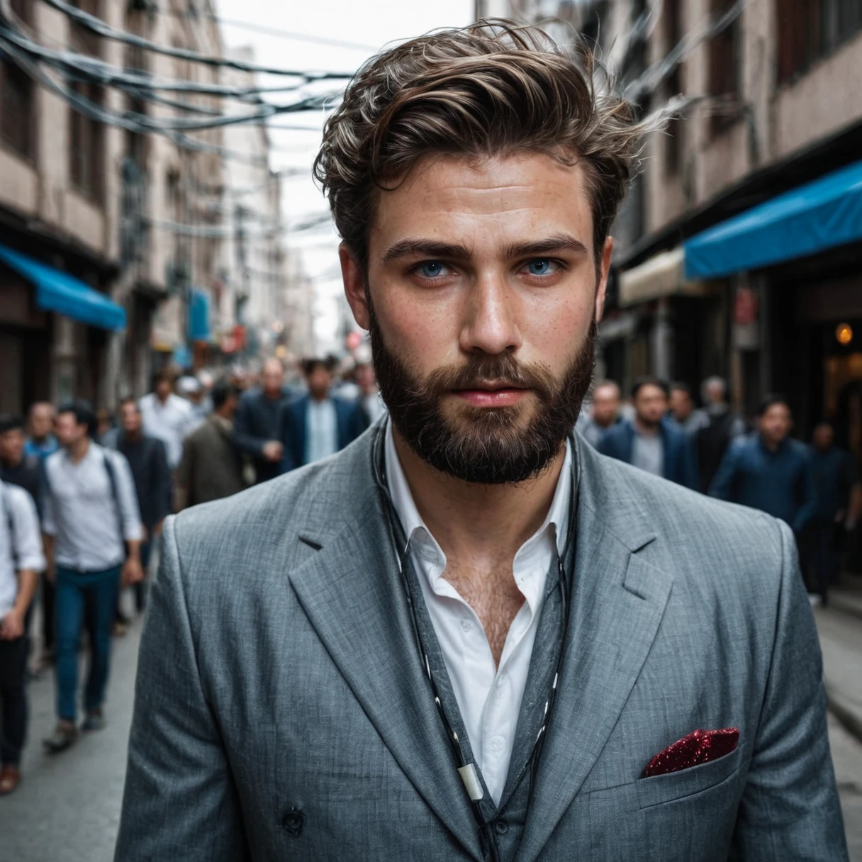 RAW photo, full body portrait of a beautiful man with a beard in a grey suite, he stands in a crowded street with tangled power cables, full sharp, detailed face, blue eyes, (high detailed skin:1.2), 8k uhd, dslr, soft lighting, high quality, film grain, Fujifilm XT3 dappled light on face, pale skin, skin pores, oiled shiny skin, skin blemish, imperfect skin, intricate skin details, visible skin detail, detailed skin texture, blush, wrinkles, vitiligo spots, moles, whiteheads, blackhead, white pimples, red pimples, beauty spot, skin fuzz, [[[[[freckles]]]]] (perfect eyes), ((perfect hands with four fingers and one thumb each))