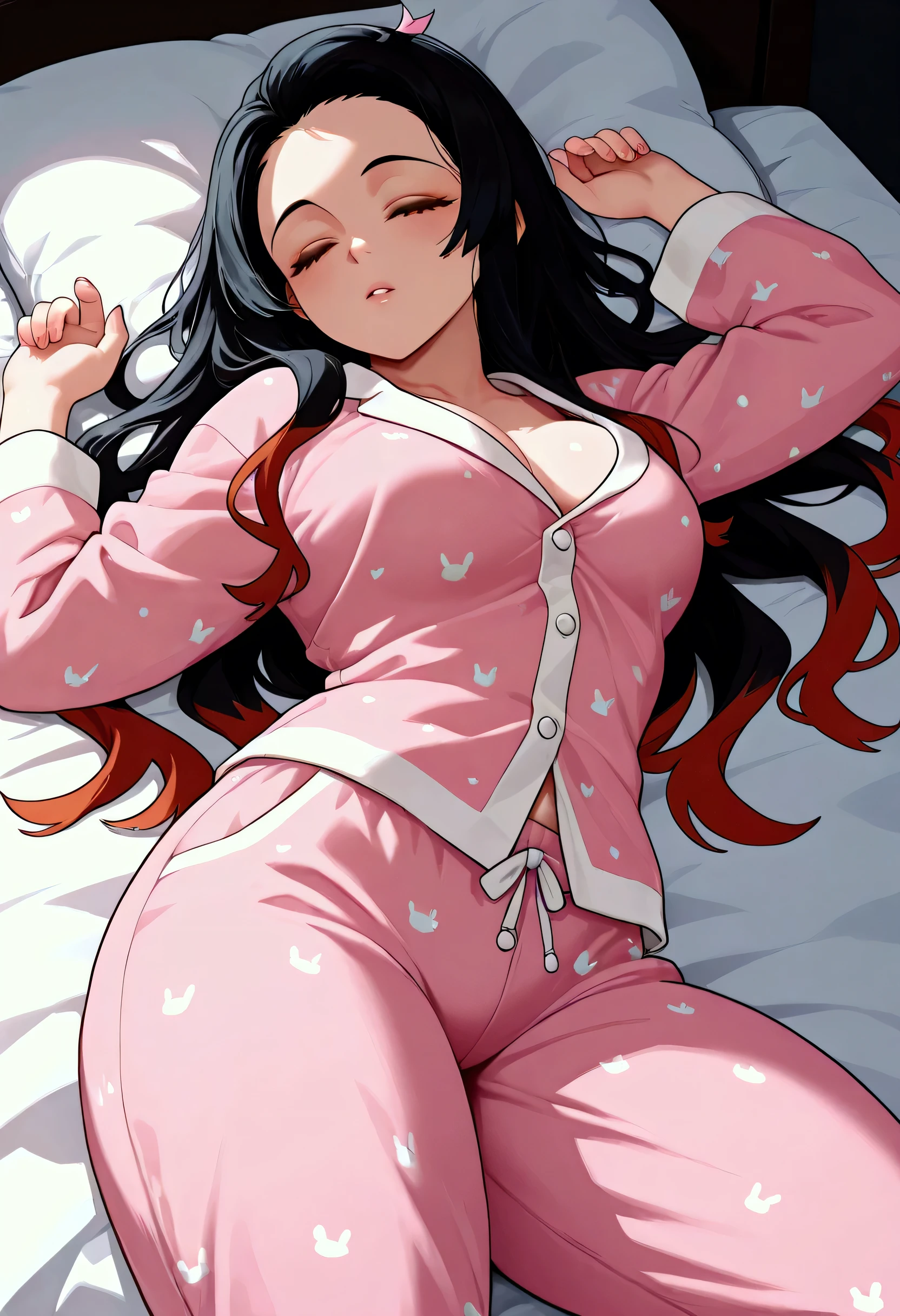 Nezuko_kamado(demon_slayer), 1 girl, solo, pose lying on the bed, sleeping, high breasts, medium breasts, large thighs, high thighs, with full pajamas, hands lying on the bed, beautiful eyes, eyes closed, beautiful mouth. 