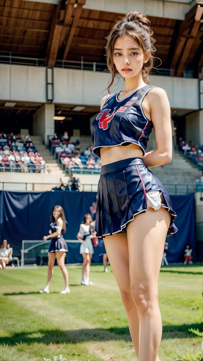 A beautiful young Japanese woman, 20 years old, with perfect anatomy, healthy thighs, beautiful feet, flawless skin, random hair color and style, large bust, (she is standing:1.2), wearing a cheerleader uniform with micro-pleated miniskirt, in a full body shot, standing in a stadium, (best quality,4k,8k, highres, masterpiece:1.3), (extremely detailed:1.2)