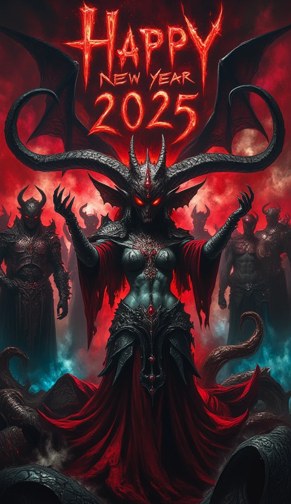 a group of demons celebrating a creepy new year party, detailed demonic figures, horns, glowing eyes, sharp teeth, dark fantasy, eerie atmosphere, neon lights, surreal, glowing effects, cinematic lighting, high contrast, moody colors, deep shadows, bige text "happy new year 2025",