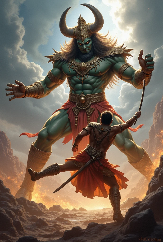 Make an image of luffy fighting with lord Hanuman