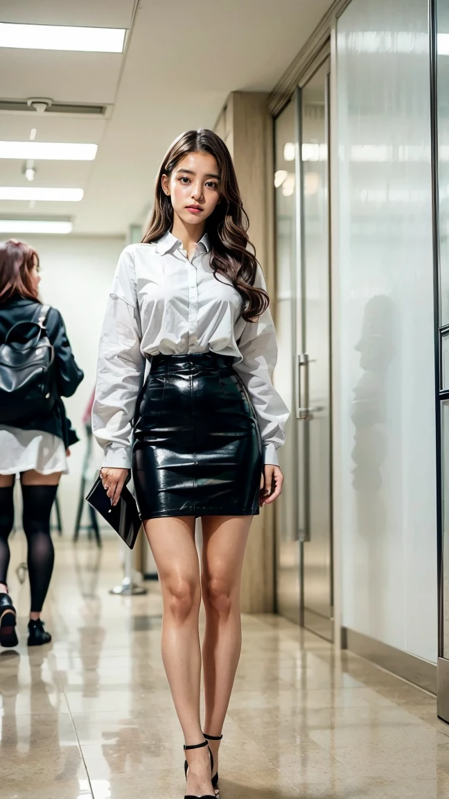 a beautiful detailed Japanese woman, 24 years old, with healthy thighs, beautiful legs, beautiful skin, random hair color and hairstyle, large breasts, female secretary, wearing a miniskirt, (she is standing:1.2), full body shot, high heels, holding a notebook in one hand, (best quality,8k, masterpiece:1.3), (extremely detailed:1.2), perfect anatomy, Masami Nagasawa