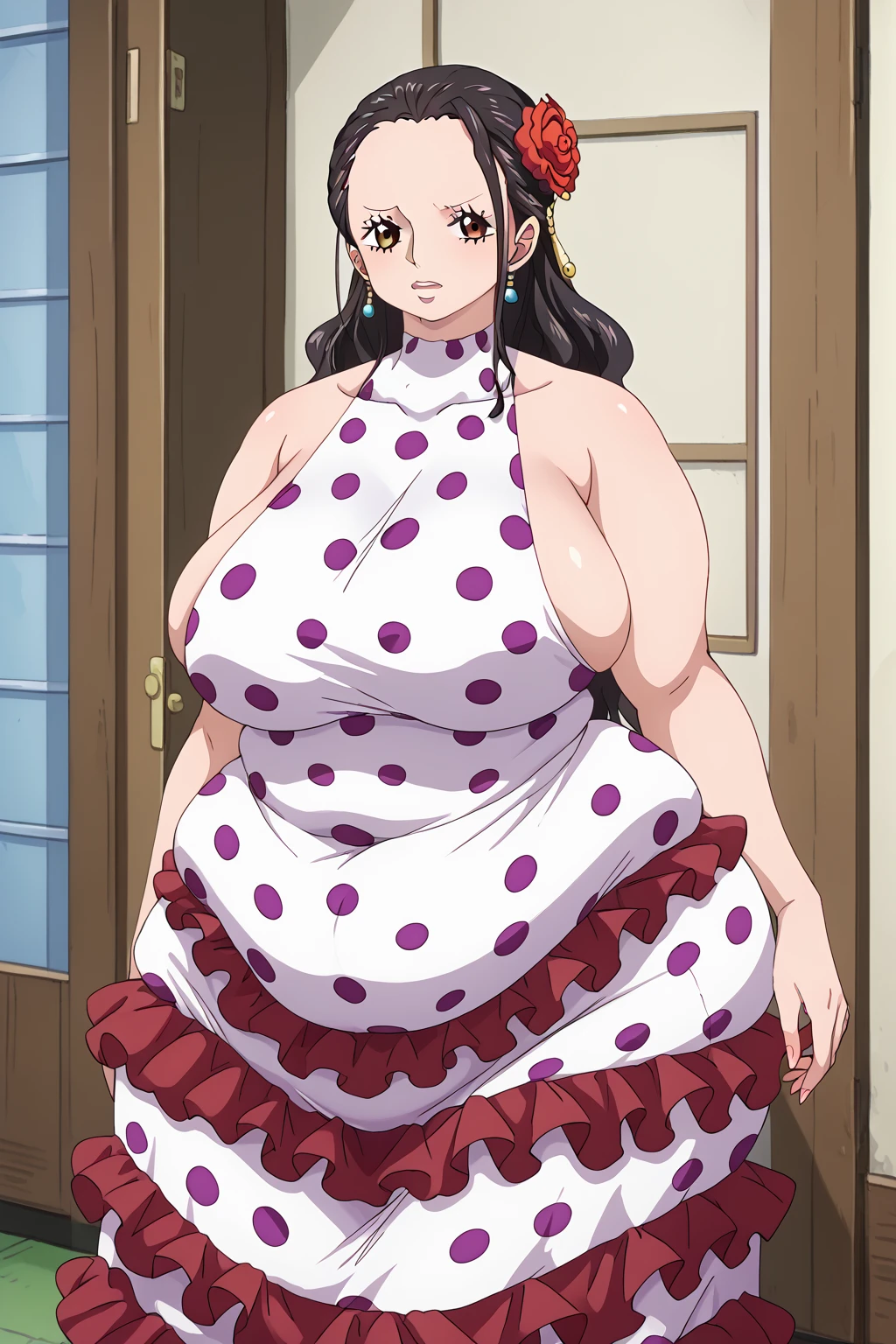 ONE PIECE viola,  long hair、Big Breasts、Brown Eyes、 black hair、 dress、Bare shoulders, frills, hair flower,  hair is slicked back、Polka dot pattern、Polka dot pattern  dress , saggy huge breasts , Obese middle-aged woman, troubled expression, embarrassing expression ,milf, chubby,Ballroom , score_9,  score_8_ up、 score_7_ up、 score_6_ up、 score_5_ up、 score_4_ up、 masterpieces at the front door of the house、 top quality , A beautiful woman with an obese figure,  absurd、 source_ anime anime screencap,  one woman、Alone、 personal  、Super huge breasts,  super huge clevis、Super huge, Super huge boob,Curvy、 wide hips、 cowboy shot