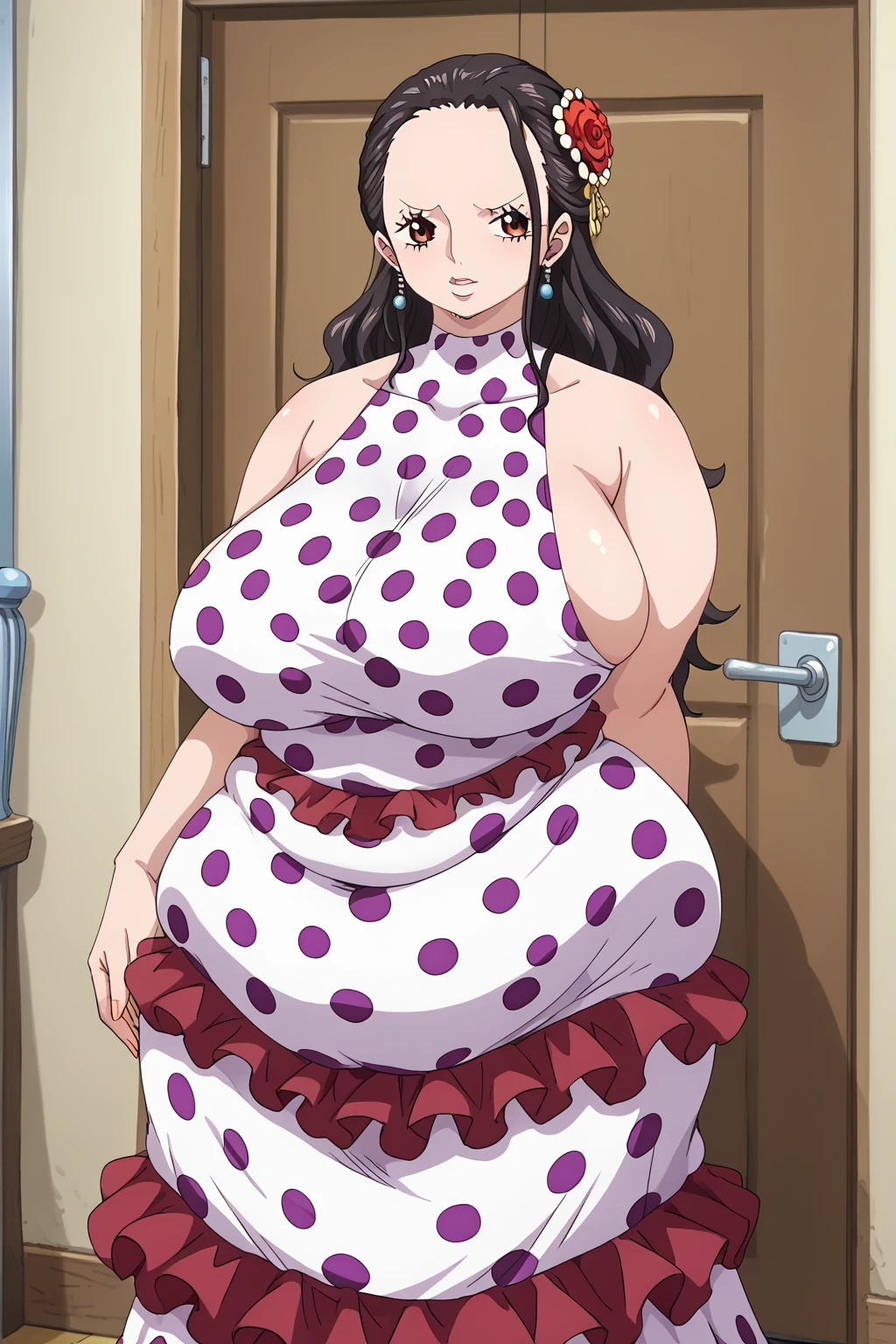 ONE PIECE viola,  long hair、Big Breasts、Brown Eyes、 black hair、 dress、Bare shoulders, frills, hair flower,  hair is slicked back、Polka dot pattern、Polka dot pattern  dress , saggy huge breasts , Obese middle-aged woman, troubled expression, embarrassing expression ,milf, chubby,Ballroom , score_9,  score_8_ up、 score_7_ up、 score_6_ up、 score_5_ up、 score_4_ up、 masterpieces at the front door of the house、 top quality , A beautiful woman with an obese figure,  absurd、 source_ anime anime screencap,  one woman、Alone、 personal  、Super huge breasts,  super huge clevis、Super huge, Super huge boob,Curvy、 wide hips、 cowboy shot