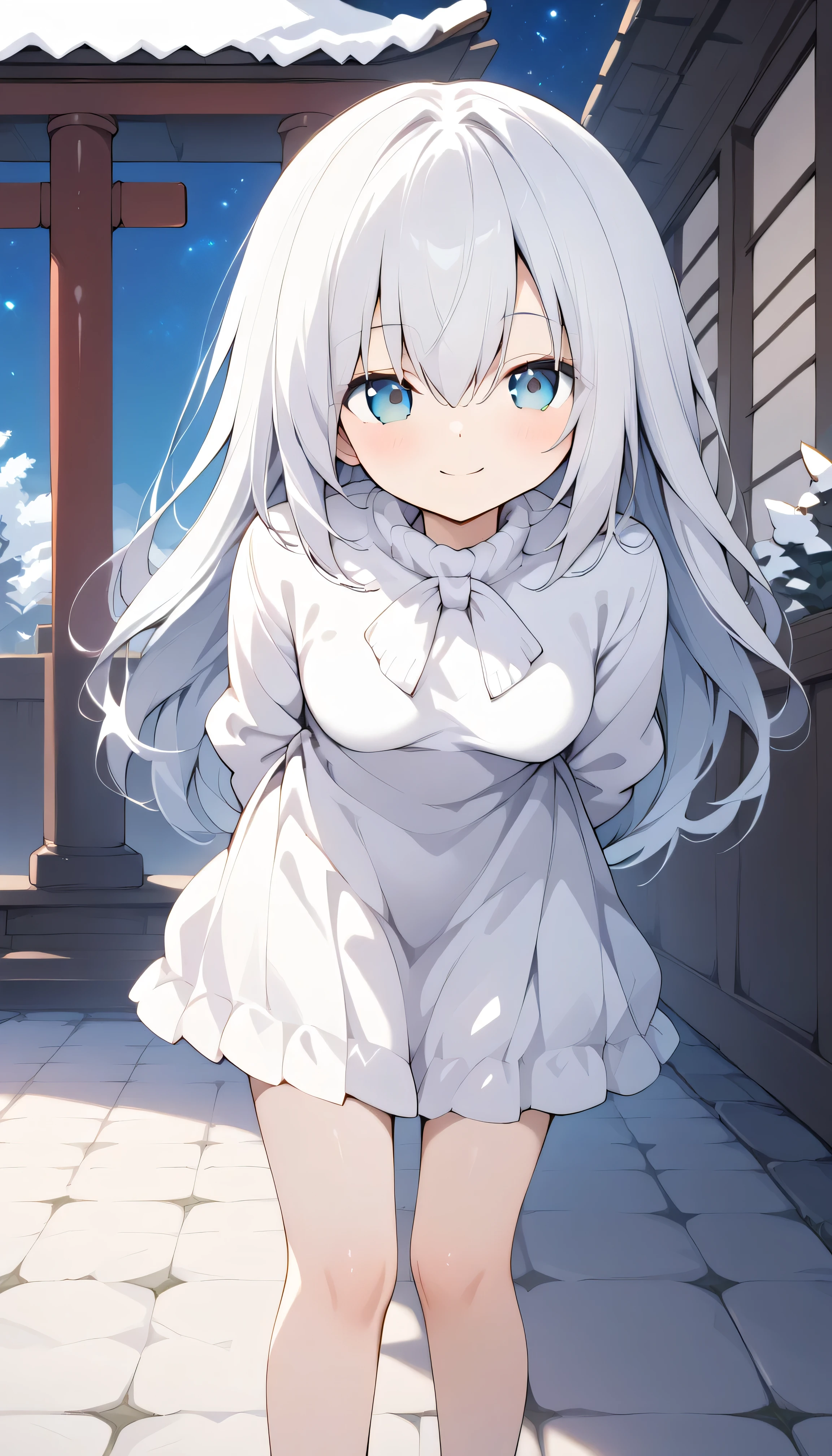 white hair blue eyes small breasts long hair stupid hair Alone, can see his eyebrows from inside his hair, hair between eyes , Watch Viewers , masterpiece, top quality , Outdoors field shrine in the night Night Sky starry sky snowy first visit of the year to a shrine Cobblestones steam winnter background, White Breath sweater Jumper pleated skirt close your mouth smile leaning forward fold your hands behind your back