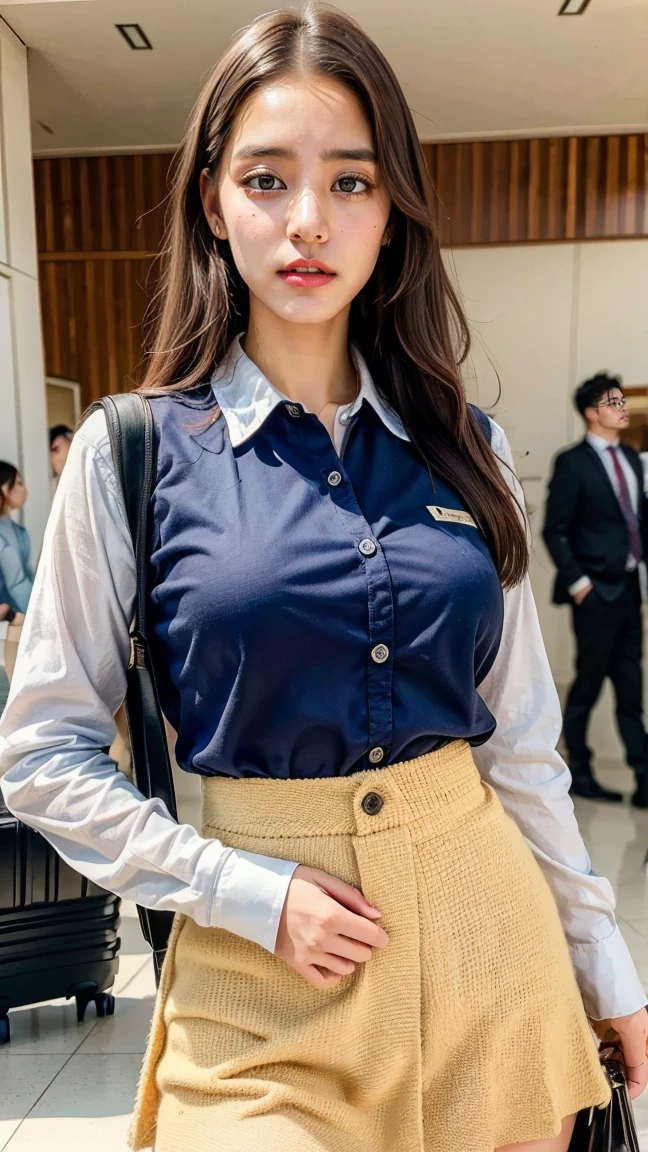 A beautiful, 24-year-old Japanese woman with perfect anatomy, healthy thighs, beautiful legs, beautiful skin, random hair color and style, large breasts, (wearing a flight attendant uniform with a mini-skirt:1.3), (she is standing:1.2), full body shot, pumps, carrying a suitcase, at the airport, (best quality,4k,8k,highres,masterpiece:1.3),(extremely detailed:1.2),realistic,photorealistic,photo-realistic:1.37,professional,vivid colors, studio lighting