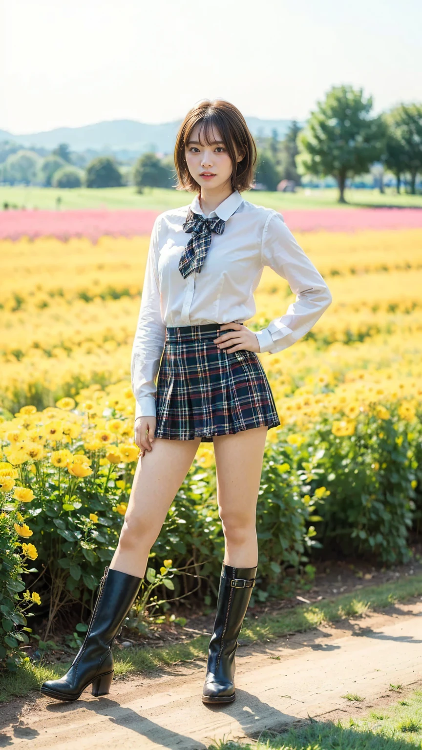 (8k、     RAW photos   、   top quality、masterpiece   :1.2)、(   realistic  、   realistic  )、1 person、((bangs、 short hair、Ribbon on chest、 boots、 shirt、 Long Sleeve 、whole body、 Black Plaid Mini Skirt、Flower Field、Narrow waist、 Stand with hands on hips、 standing facing you   )、 cute