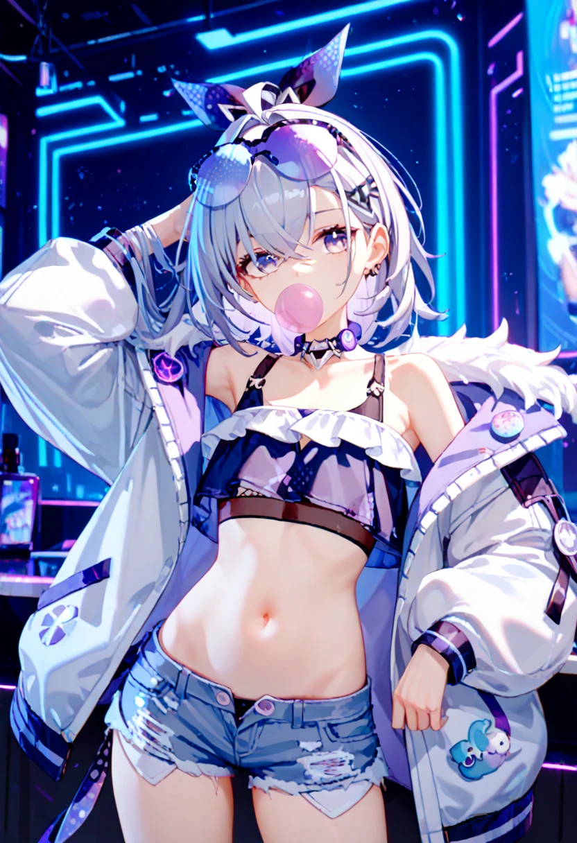 Best quality,  top quality, , Cyberpunk clothes, flat chest, skinny body, medium hair,  belly button out, hairclip, hairband hair bow, daisy duke shorts, frill crop top, oversized fleece jacket, round eyewear, purple sunglasses, eyewear on head, ahoge, hand in own hair, Silver Wolf, honkai star rail,  Bubble Gum 