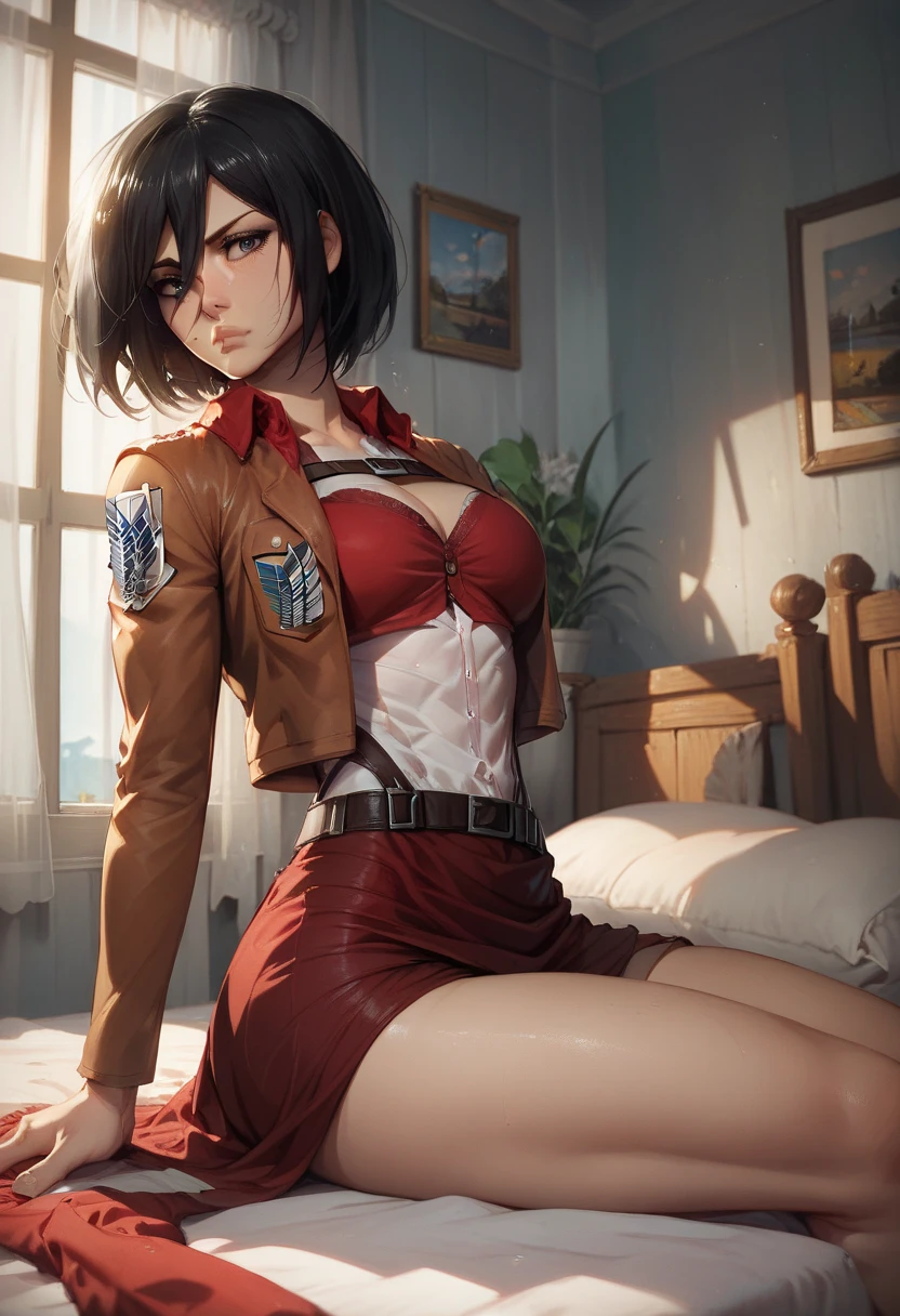  Better quality,1 girl, ((( Mikasa Ackerman)))  black hair, Serious look, Athletic body, Seated in a bedroom , red dress glued together,Beautiful body,blue lighting