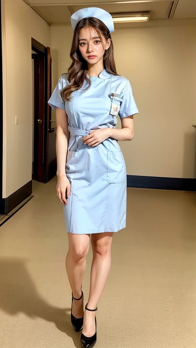 a beautiful young 24-year-old Japanese woman, beautiful, detailed anatomy, beautiful skin, random hair color and hairstyle, big breasts, nurse hat, (nurse uniform:1.3), nurse cap, (she is standing:1.2), full body shot, high heels, hospital, (best quality,8k, masterpiece:1.3), (extremely detailed:1.2)