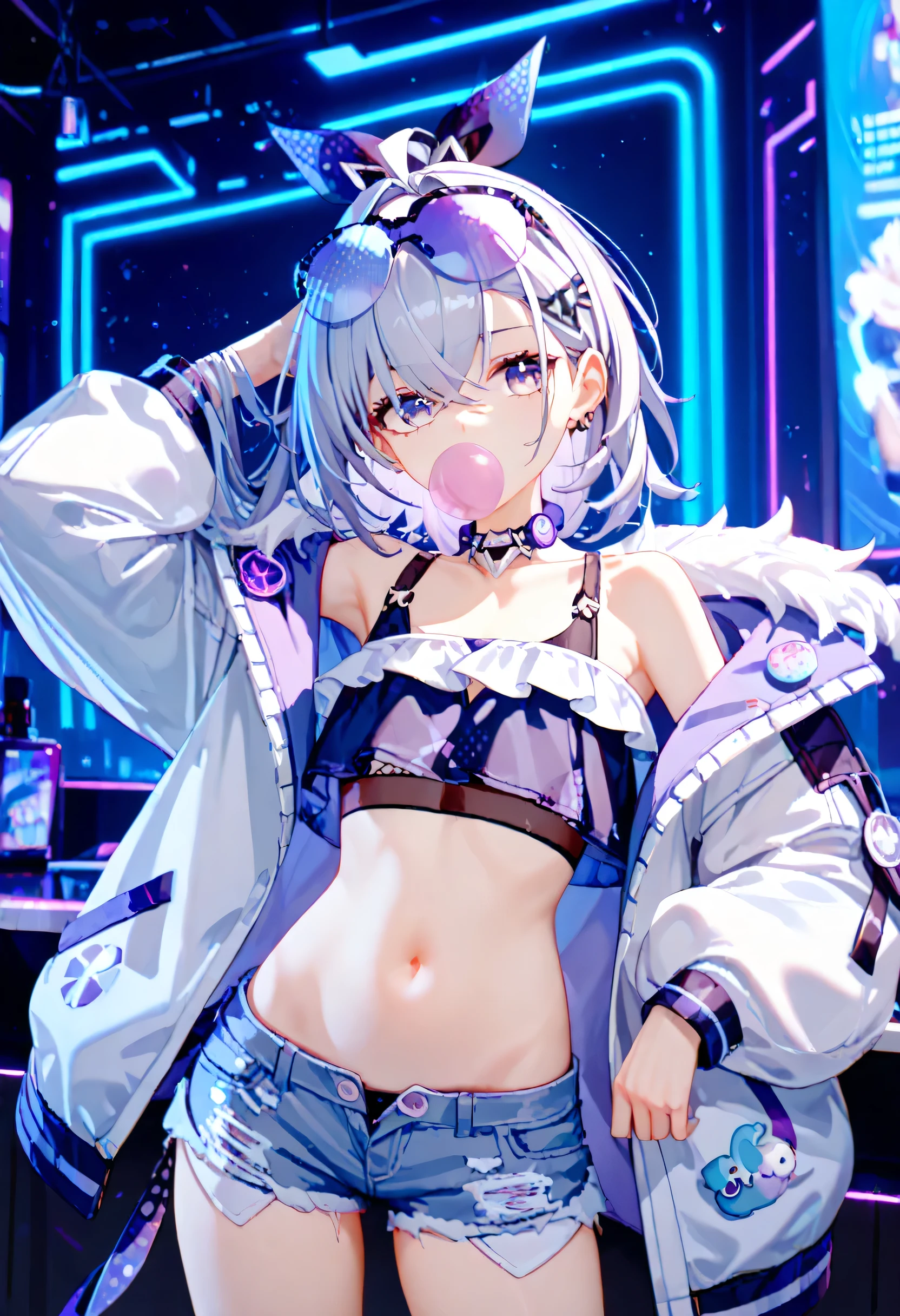 Best quality,  top quality, , Cyberpunk clothes, flat chest, skinny body, medium hair,  belly button out, hairclip, hairband hair bow, daisy duke shorts, frill crop top, oversized fleece jacket, round eyewear, purple sunglasses, eyewear on head, ahoge, hand in own hair, Silver Wolf, honkai star rail,  Bubble Gum 