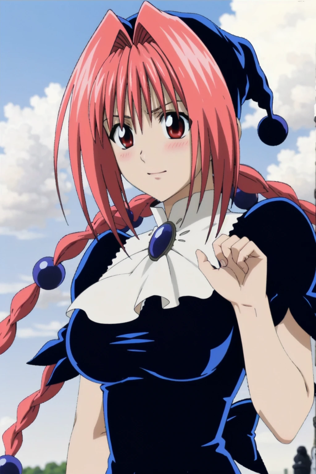 Dorothy,facing viewer, looking at viewer,hair bobbles,long hair,red eyes, hair bobbles,sitting,spread legs,blush,