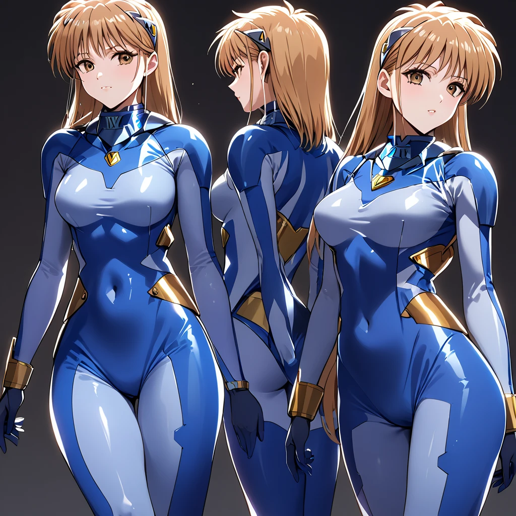 (( top quality )), ((masterpiece)), ( Details), （perfect face）、Princess Leona, who has light brown hair, is wearing a blue full-body suit number suit showing her whole body