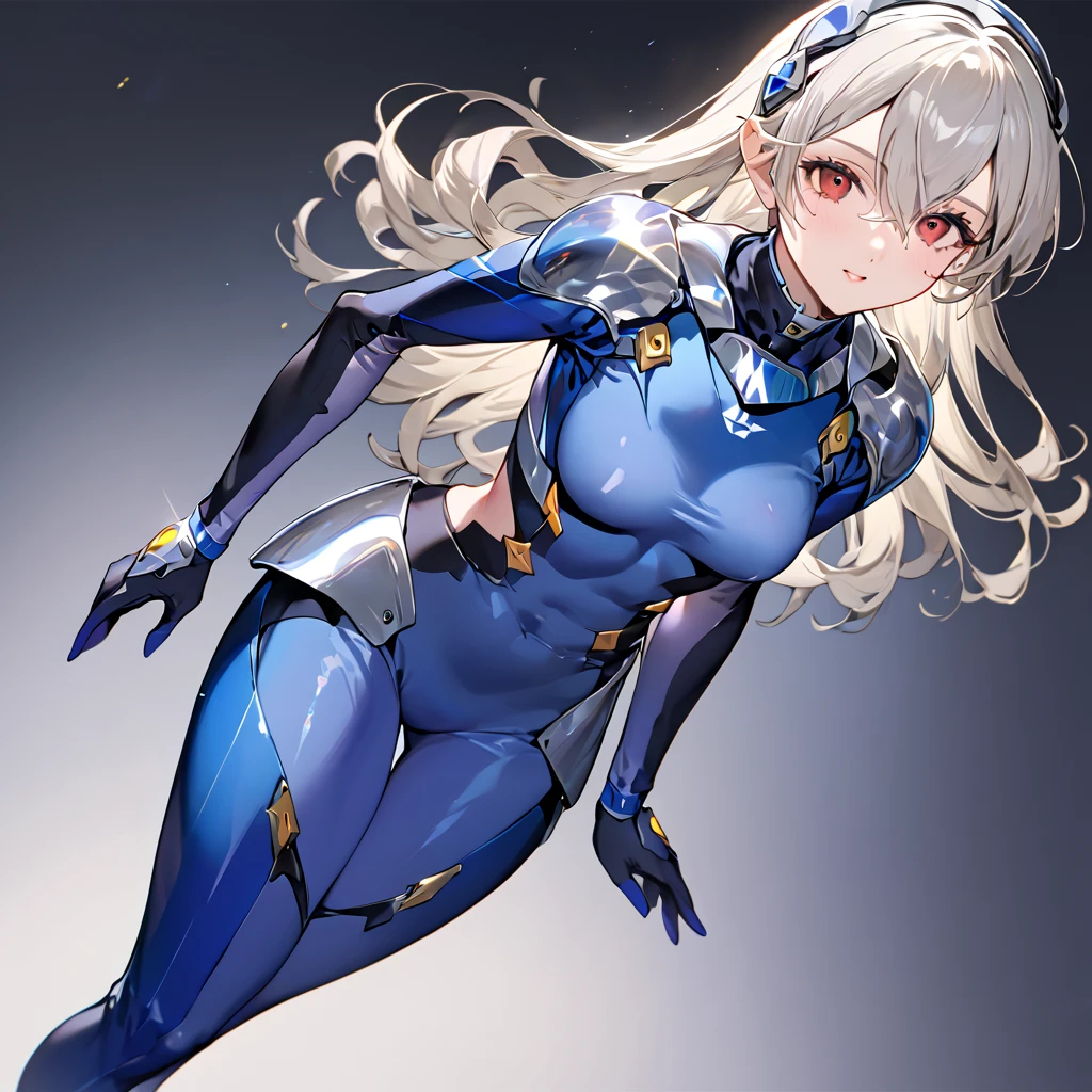 (( top quality )), ((masterpiece)), ( Details), （perfect face）、Kamui with silver hair is wearing a blue full body suit number suit showing her whole body