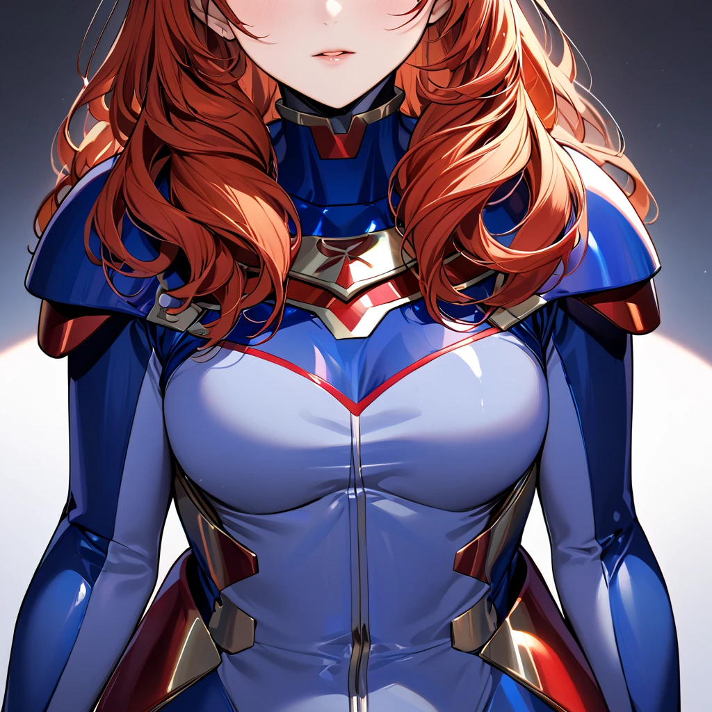 (( top quality )), ((masterpiece)), ( Details), （perfect face）、Red-haired Celica is wearing a blue full-body suit number suit showing her whole body