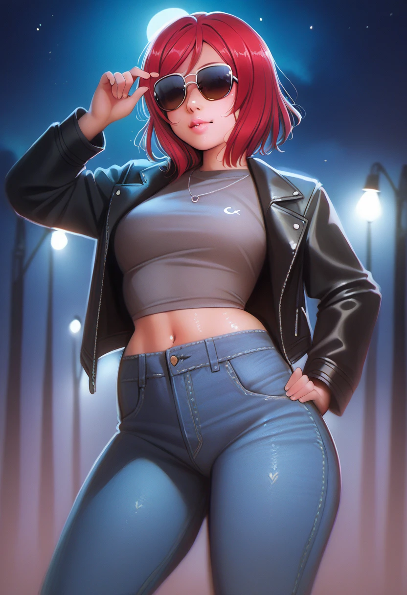 Nishikino maki, covered eyes, love live , (midriff:0.5), detailed body, shiny skin , standing , black leather jacket over a dark grey shirt, matching jeans skirt, sunglasses, night  ,p4l0m4,one hand on hip,red hair