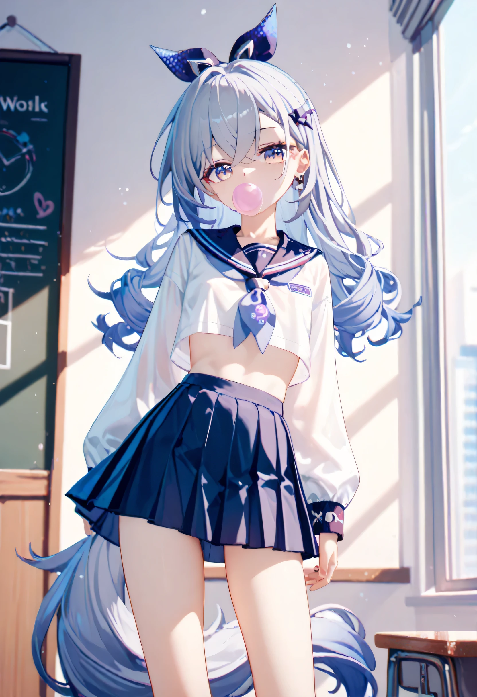 Silver Wolf, honkai star rail, school uniform,  Bubble Gum , flat chest,skinny body, pony tail 