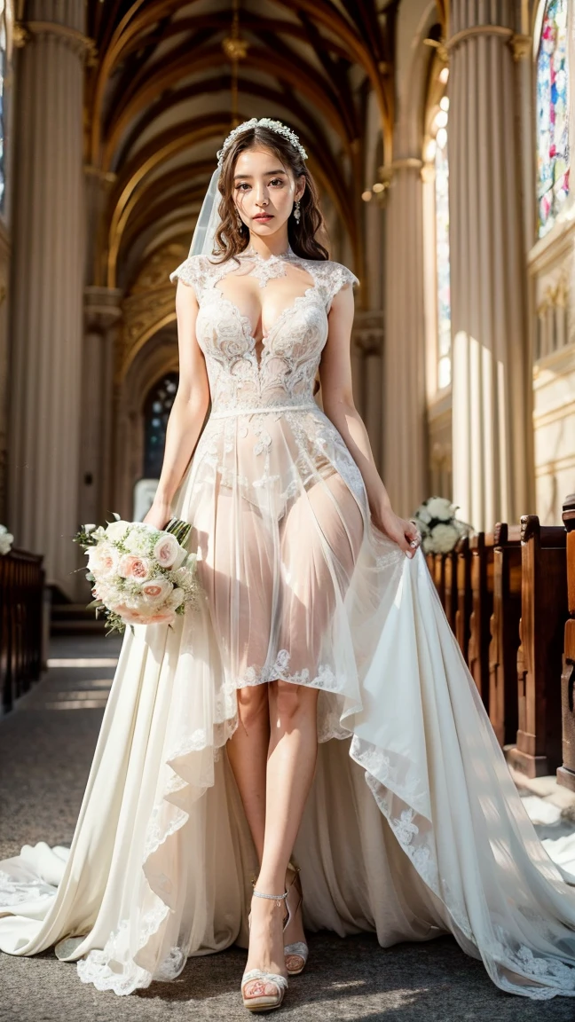 A beautiful young Japanese woman, 26 years old, with healthy thighs, beautiful legs, flawless skin, random hair color and style, large breasts, wearing a (wedding dress:1.3), (she is standing:1.2), full body shot, high heels, holding a bouquet in her hands, in a church setting, (best quality,8k, masterpiece:1.3), (extremely detailed:1.2), perfect anatomy