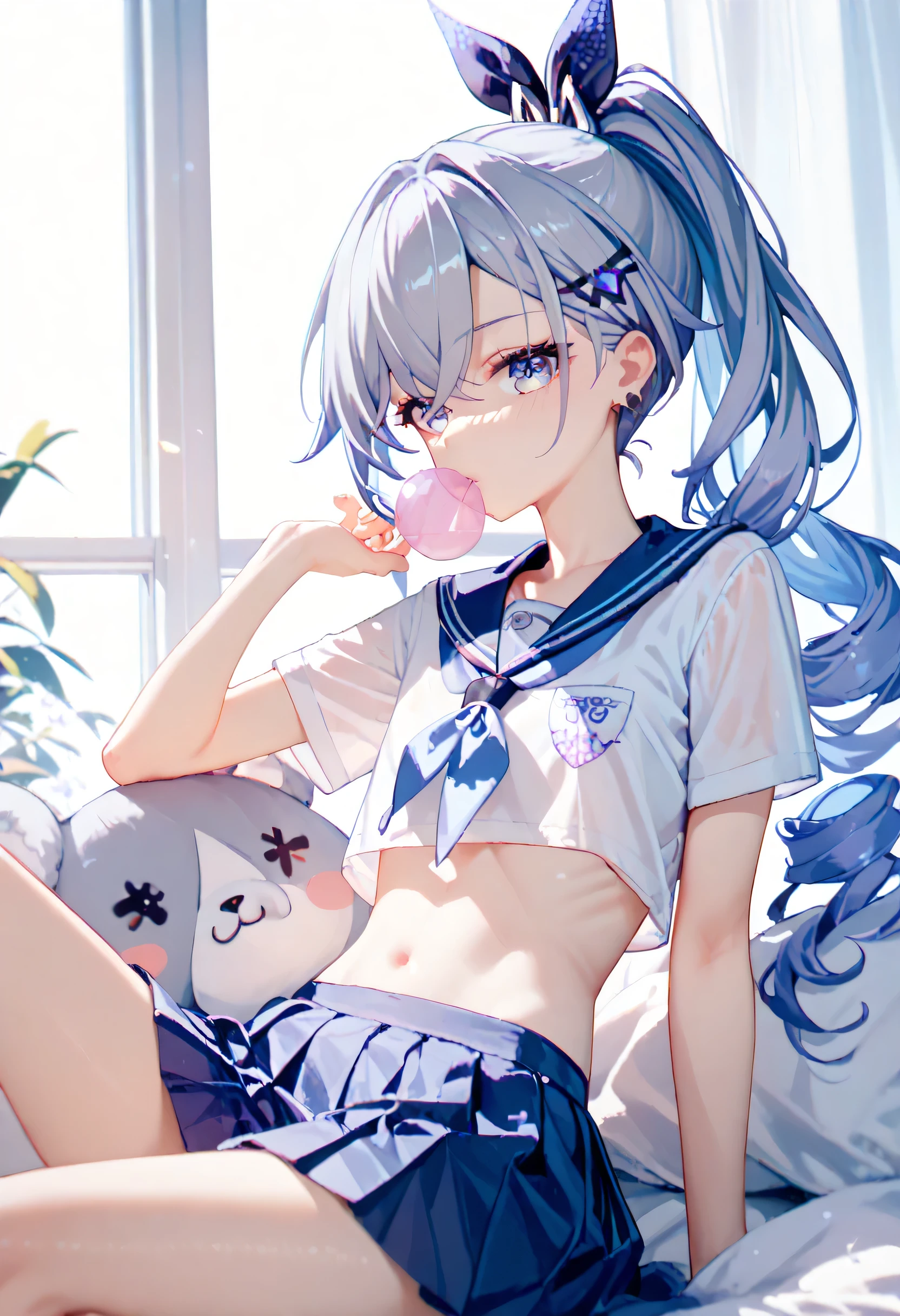 Silver Wolf, honkai star rail, school uniform,  Bubble Gum , flat chest,skinny body, ponytail 