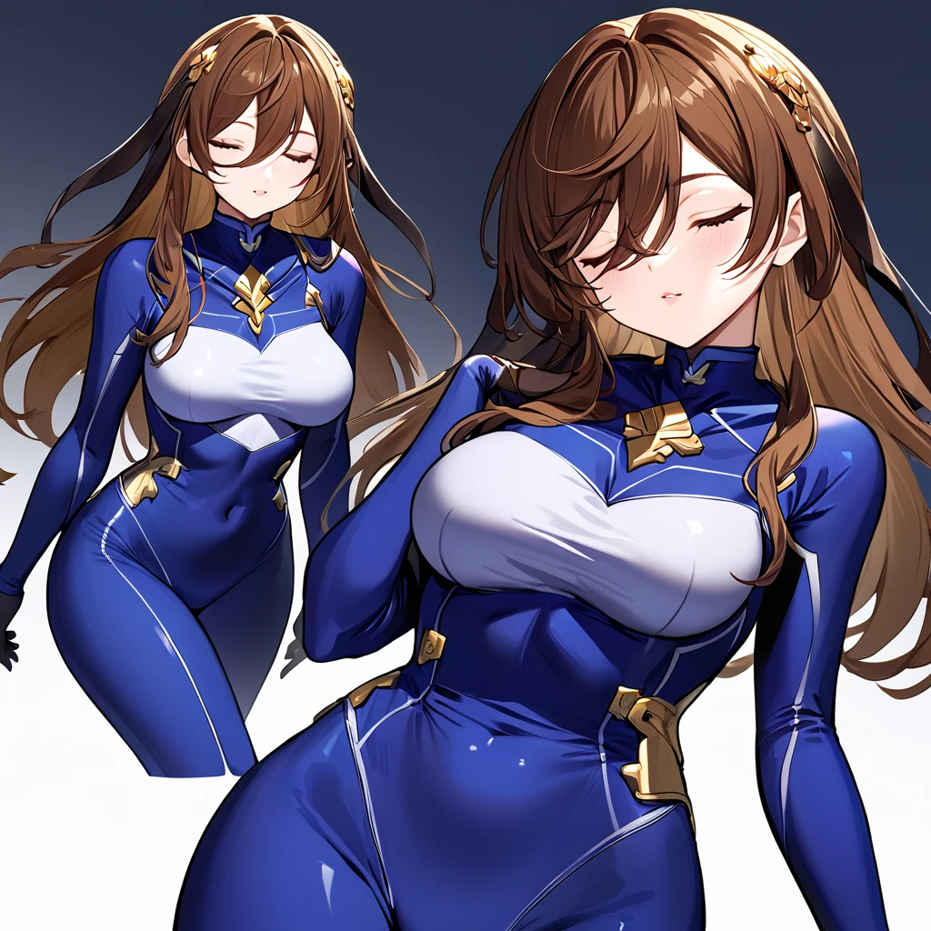 (( top quality )), ((masterpiece)), ( Details), （perfect face）、Brown-haired Galleon, whose eyes are closed, is showing her whole body wearing a blue full-body suit number suit