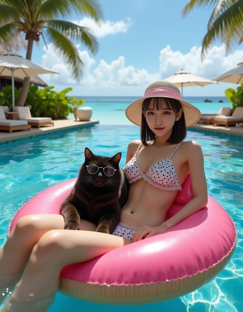 ultra-realistic, photorealistic, dramatic scene, shadow, global-illumination, solo, 1 girl\( 20 years old Japanese beautiful girl, beautiful with cute face, wearing a cute dot patterned bikini with frills, shoulder-length brown hair, accessories, elegant hat, sunglasses, holding a tropical cocktail\), 1 human-like giant black cat\( human-like giant black cat, swim trunks, slight taller than the girl, with her, sunglasses, little chubby\), the girl and human-like giant black cat are floating on the pool using an each donut float in the luxury resort hotel in Maldives, gorgeous stylish furnishings, famous 5-star hotel, amazing view of the ocean with private beach, parasols,