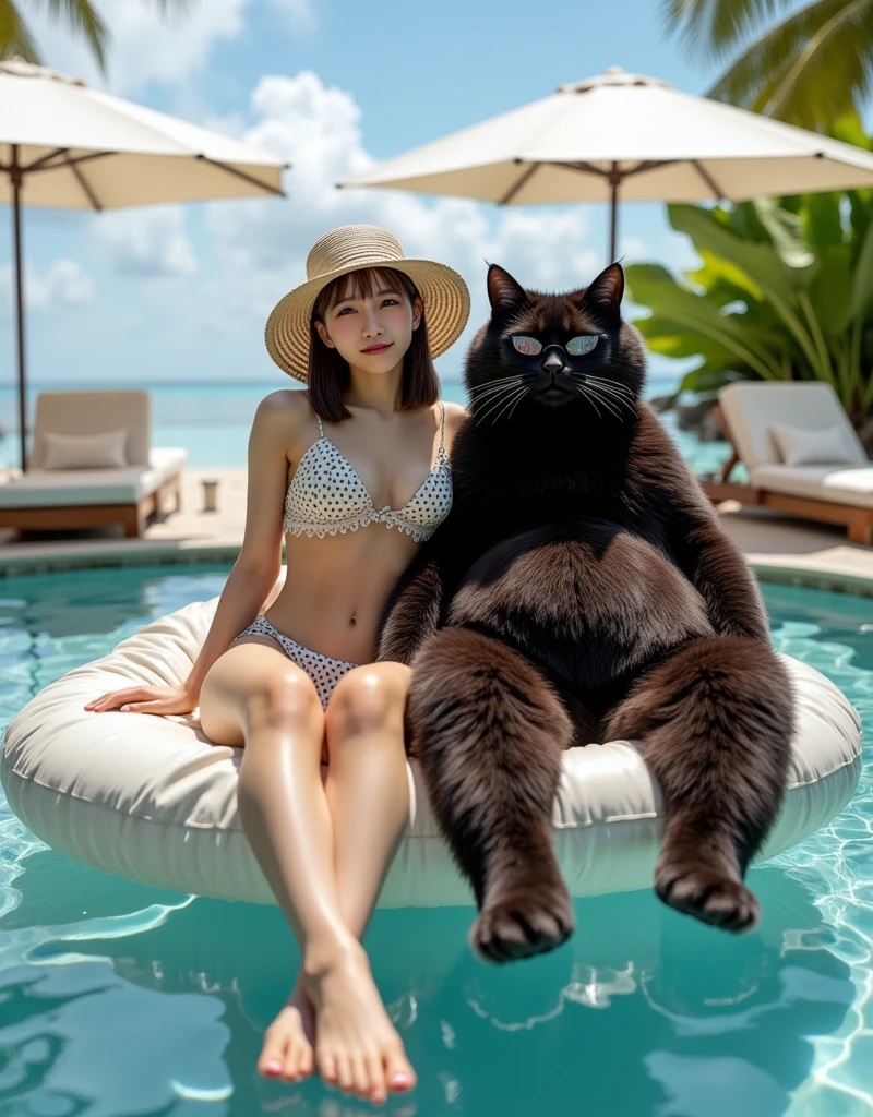 ultra-realistic, photorealistic, dramatic scene, shadow, global-illumination, solo, 1 girl\( 20 years old Japanese beautiful girl, beautiful with cute face, wearing a cute dot patterned bikini with frills, shoulder-length brown hair, accessories, elegant hat, sunglasses, holding a tropical cocktail\), 1 human-like giant black cat\( human-like giant black cat, swim trunks, slight taller than the girl, with her, sunglasses, little chubby\), the girl and human-like giant black cat are floating on the pool using a large float in the luxury resort hotel in Maldives, gorgeous stylish furnishings, famous 5-star hotel, amazing view of the ocean with private beach, parasols, 