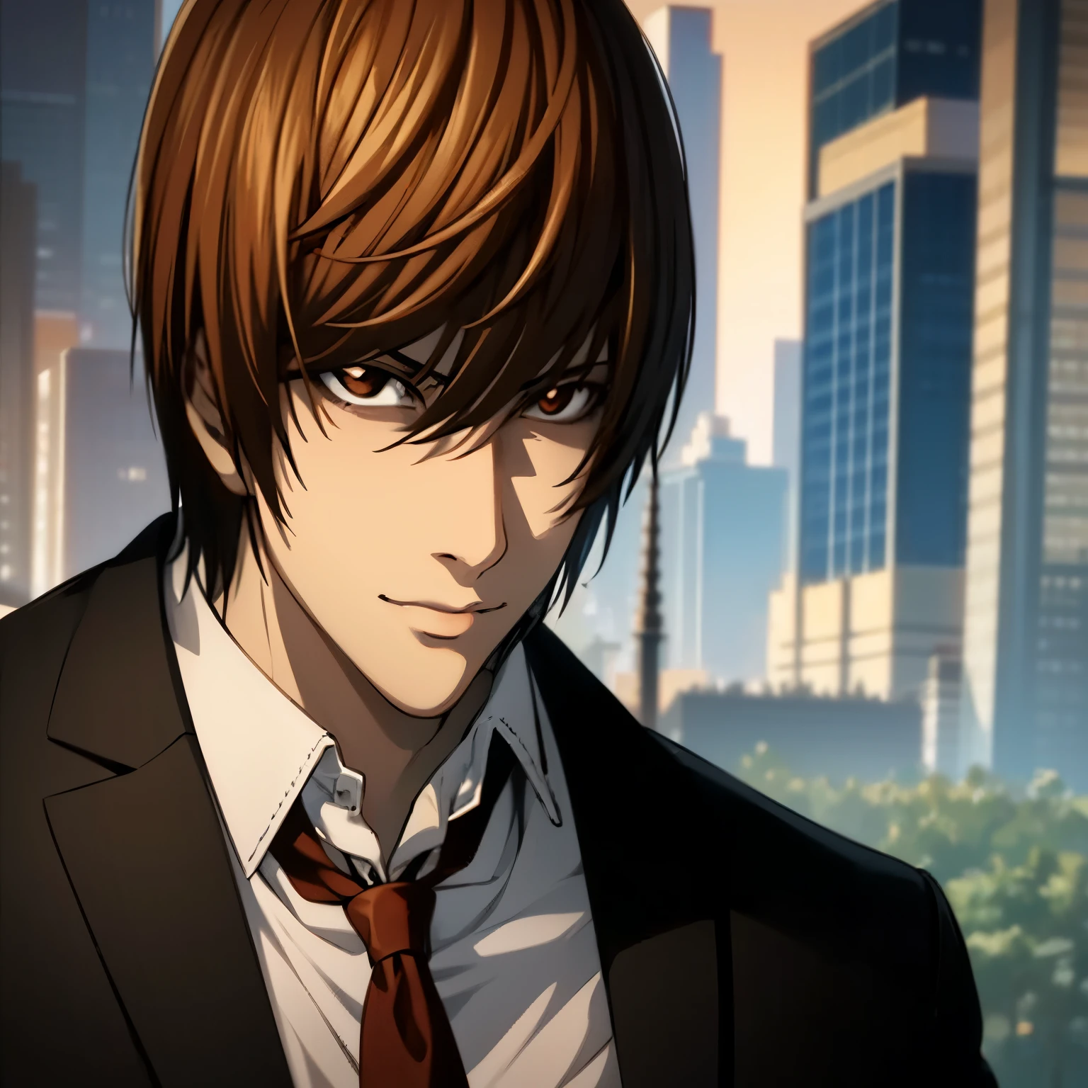 2D image; Full HD image; Profile picture image; Image depicts a Male Character Light Yagami from Death Note; Light Yagami is in festive clothing to celebrate Japanese New Year's Day; In this Image the character has a confident expression filled with an air of victory; In this image there are no other characters other than Light Yagami;