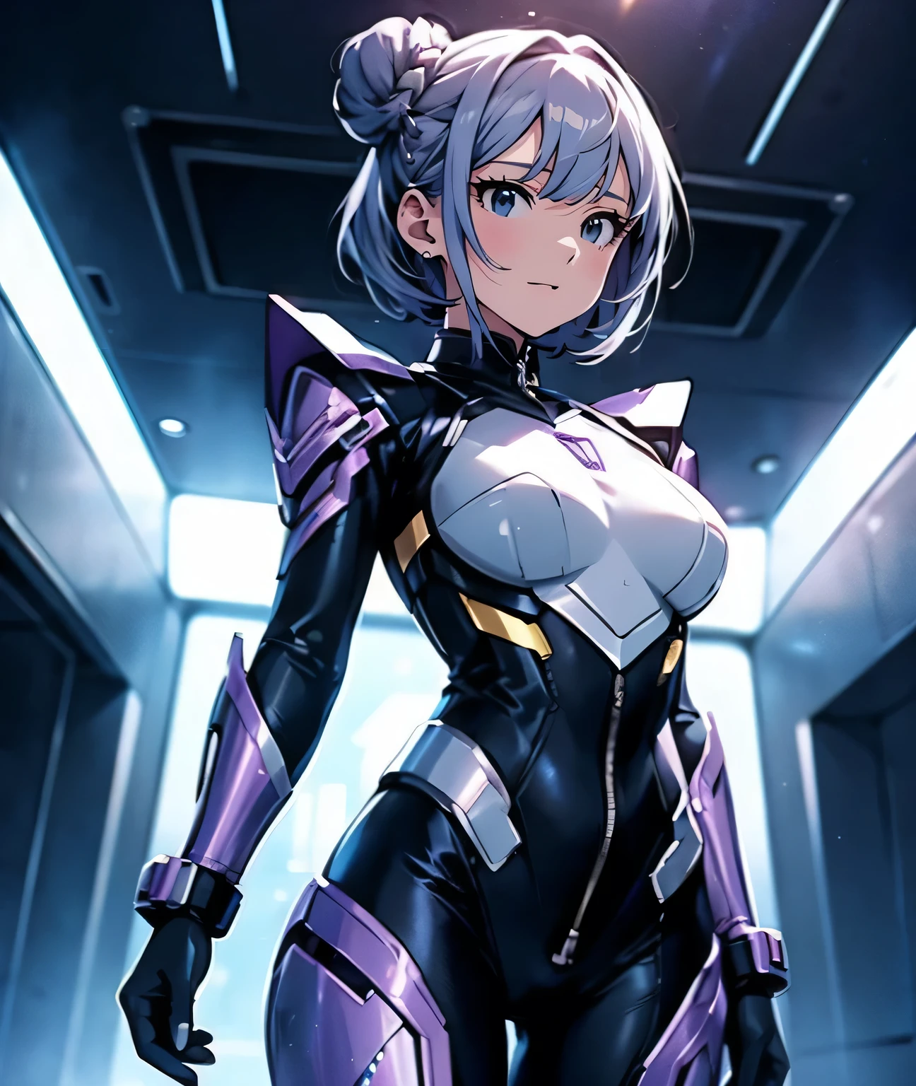 The protagonist of a new special effects drama、Space Sheriff Jasmine、-yeld fee、bun hair, shortcut hair, silver purple hair, Wearing a combat suit like Space Sheriff Gavan、Combat suits are protected by titanium、The combat suit is very tight and hugs the body.、The suit is gold with black accents、She is removing her helmet、The suit has a feminine shape that makes the most of the curves、The waist of the suit is tightly cinched around the private parts.、There is a zipper that runs from the vulva to the anus and can be opened when urinating or defecating.、The titanium protector is thick and divided into three parts: chest, abdomen, and waist.、Inspired by Robocop&#39;s design、