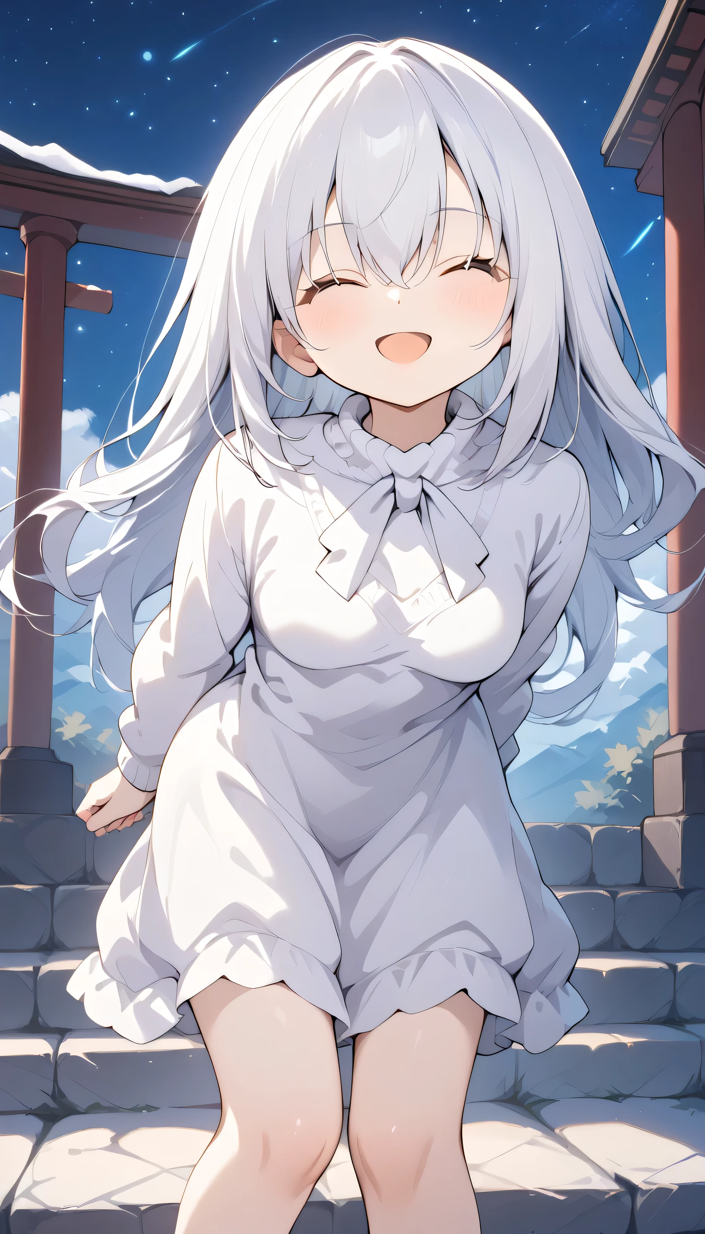 white hair closed eyes small breasts long hair stupid hair Alone, can see his eyebrows from inside his hair, hair between eyes , Watch Viewers , masterpiece, top quality , Outdoors field shrine in the night Night Sky starry sky snowy first visit of the year to a shrine Cobblestones steam winnter background, White Breath sweater dress open mouth smile leaning forward fold your hands behind your back muffler