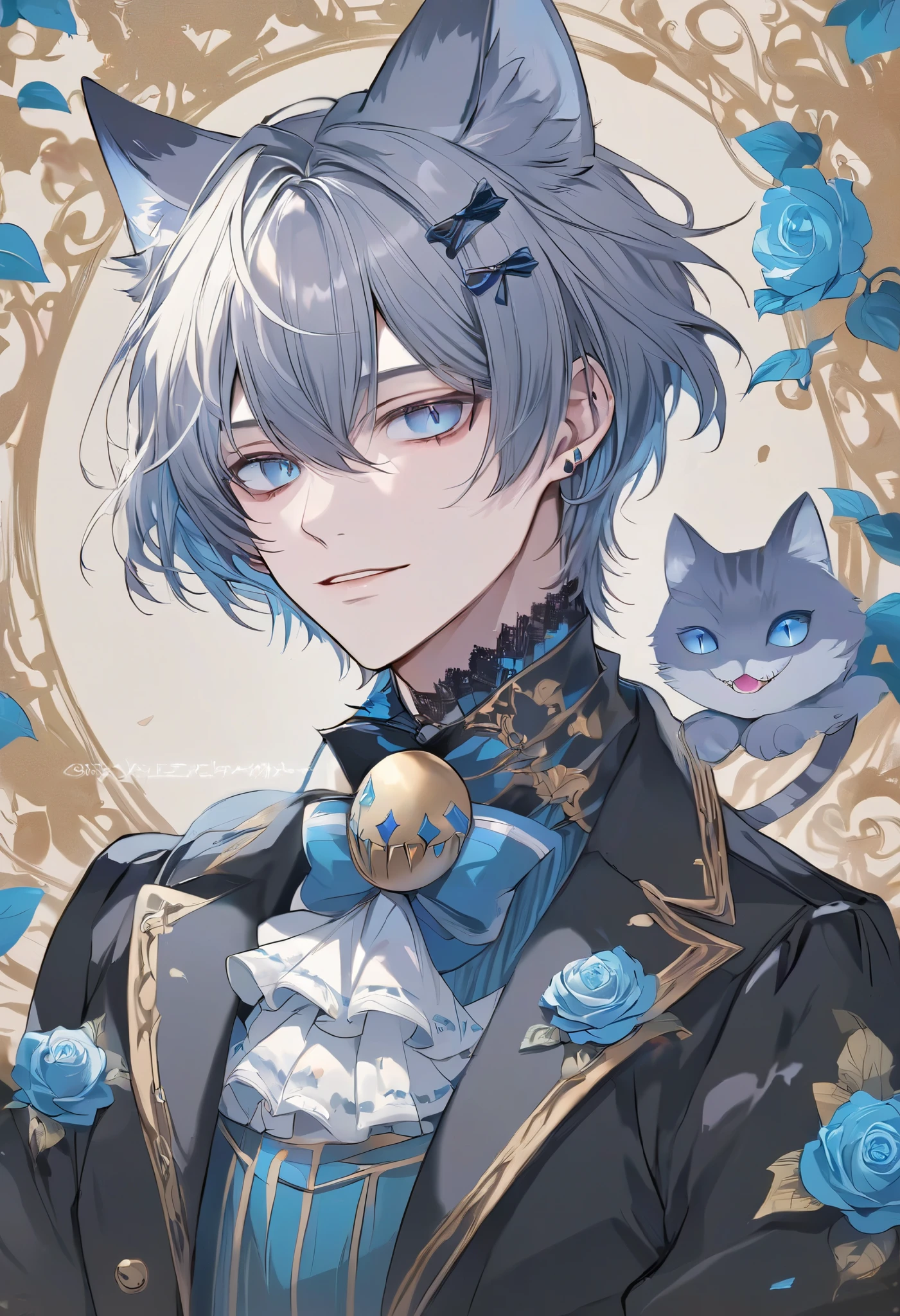 solo, handsome, 1 male, black coat, short hair, gray, blue eyes, fantasy clothing, Cheshire cat, alice in wonderland