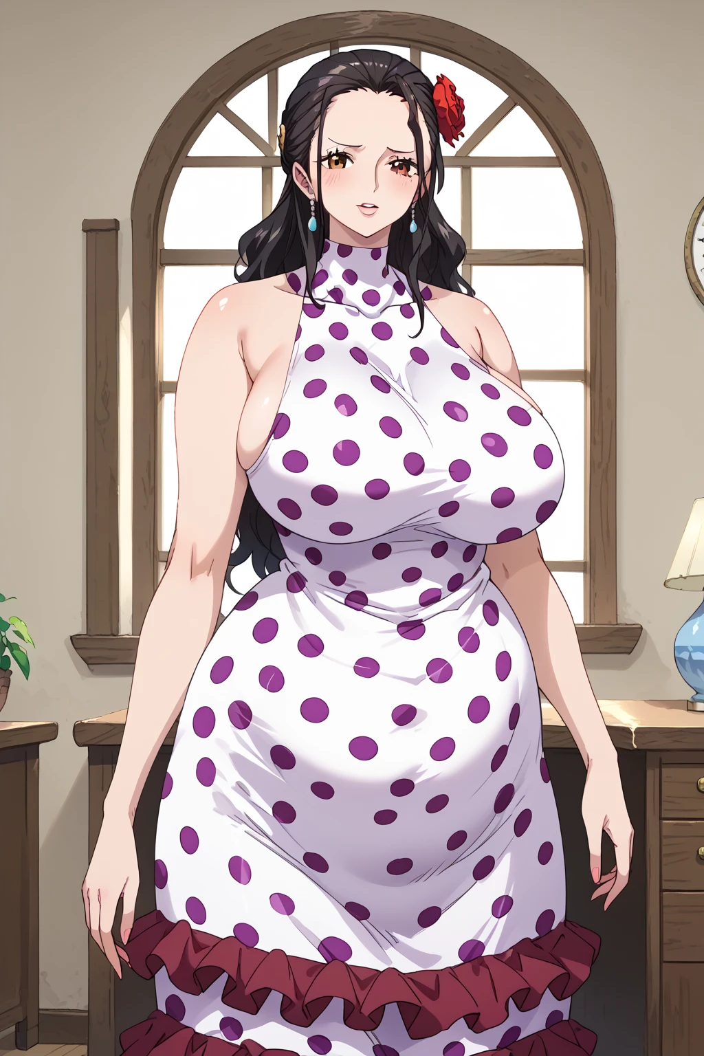 one_PIECE viola,  long hair、Big Breasts、Brown Eyes、 black hair、 dress、Bare shoulders, frills, hair flower,  hair is slicked back、Polka dot pattern、Polka dot pattern  dress , saggy huge breasts , Obese middle-aged woman, troubled expression, embarrassing expression ,milf, chubby,Ballroom , score_9,  score_8_ up、 score_7_ up、 score_6_ up、 score_5_ up、 score_4_ up、 masterpieces at the front door of the house、 top quality , A beautiful woman with an obese figure,  absurd、 source_ anime anime screencap,  one woman、Alone、 personal  、Super huge breasts,  super huge clevis、Super huge, Super huge boob,Curvy、 wide hips、 cowboy shot