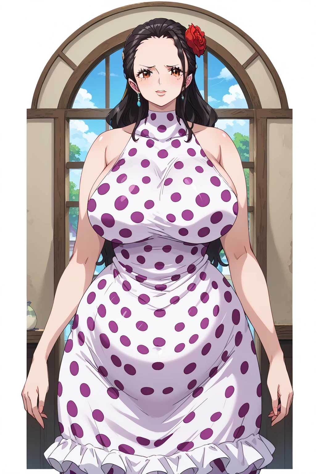 one_PIECE viola,  long hair、Big Breasts、Brown Eyes、 black hair、 dress、Bare shoulders, frills, hair flower,  hair is slicked back、Polka dot pattern、Polka dot pattern  dress , saggy huge breasts , Obese middle-aged woman, troubled expression, embarrassing expression ,milf, chubby,Ballroom , score_9,  score_8_ up、 score_7_ up、 score_6_ up、 score_5_ up、 score_4_ up、 masterpieces at the front door of the house、 top quality , A beautiful woman with an obese figure,  absurd、 source_ anime anime screencap,  one woman、Alone、 personal  、Super huge breasts,  super huge clevis、Super huge, Super huge boob,Curvy、 wide hips、 cowboy shot