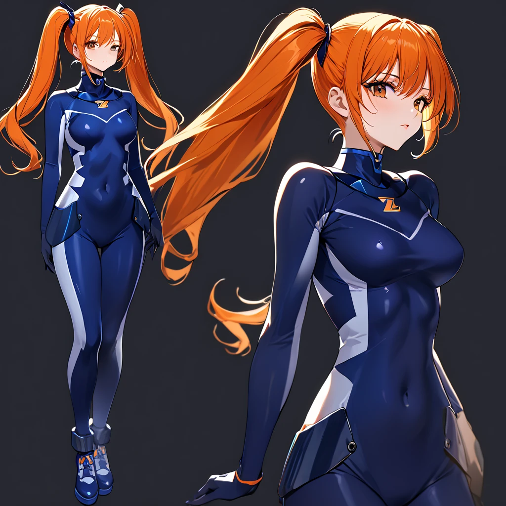 (( top quality )), ((masterpiece)), ( Details), （perfect face）、Zessika Albert with twin tails and orange hair is showing her full body wearing a blue full-body number suit