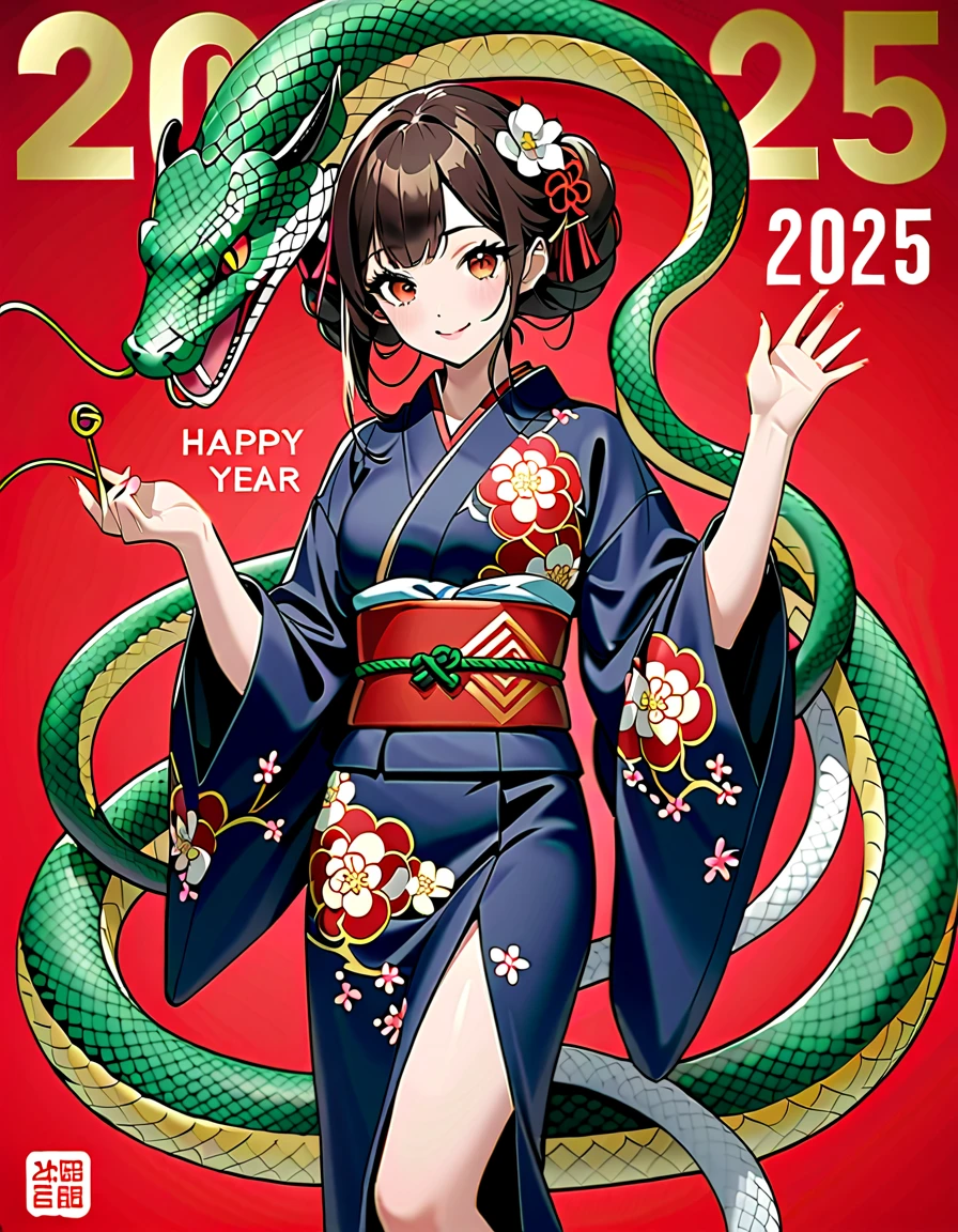  Happy New Year　"2025" Year of the Snake　kimono　2025をsnakeで表現して　 Happy New Year　snake　デフォルメ