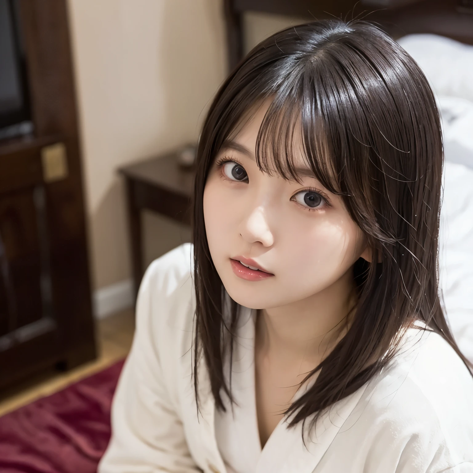  girl, busty,  black hair,  straight hair,  with bangs,  white bathrobe , 's greatest masterpiece,  professional lighting, bedroom, night, looking at camera, upper body photo, ecstasy expression,  angle from above 