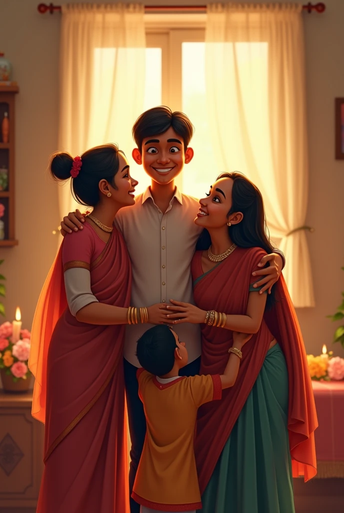 A beautiful bunglow and beautiful woman wearing a sari and handsome husband holding their  son and annoying cute 4 year  daughter happy family 