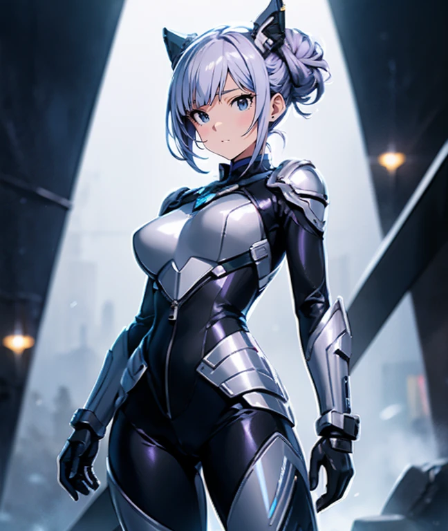 The protagonist of a new special effects drama、Space Sheriff Jasmine、17-year-old female、only one girl, bun hair, shortcut hair, silver purple hair, slender, Wearing a combat suit like Space Sheriff Gavan、Combat suits are protected by titanium、The combat suit is very tight and hugs the body.、The suit is gold with black accents、She is removing her helmet、The suit has a feminine shape that makes the most of the curves、The waist of the suit is tightly cinched around the private parts.、There is a zipper that runs from the vulva to the anus and can be opened when urinating or defecating.、The titanium protector is thick and divided into three parts: chest, abdomen, and waist.、Inspired by Robocop&#39;s design、