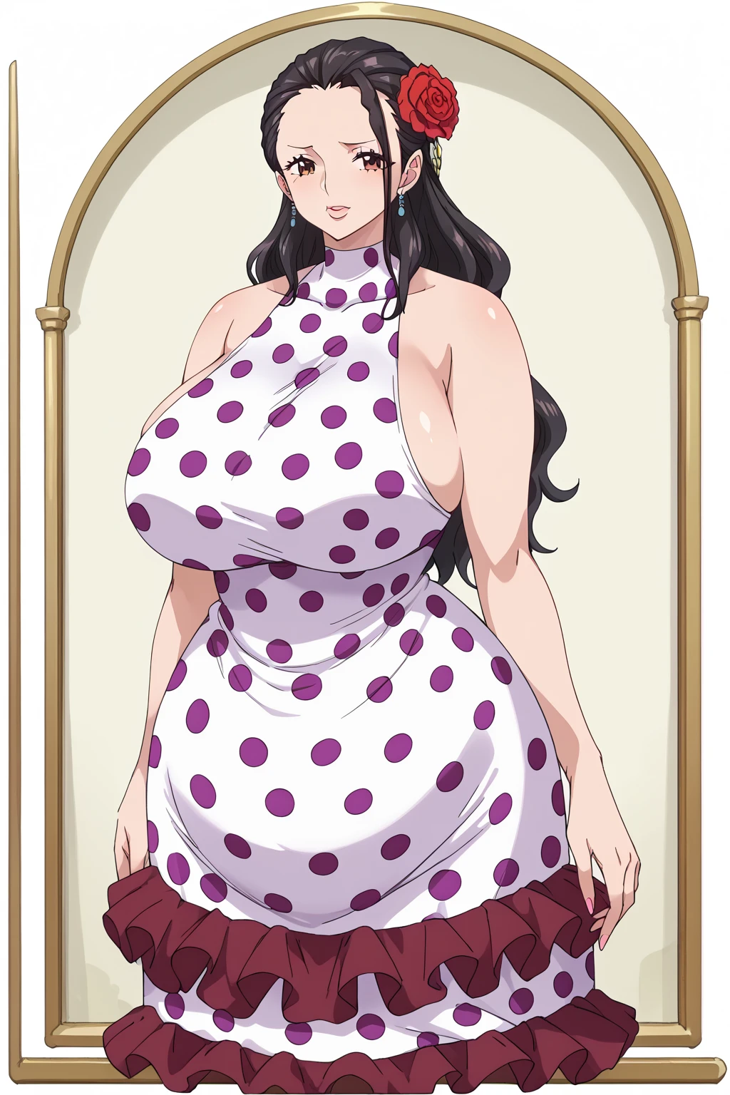 one_PIECE viola,  long hair、Big Breasts、 brown eyes、Black Hair、 dress、Bare shoulders, frills, hair flower,  hair is slicked back、Polka dot pattern、Polka dot pattern  dress , saggy huge breasts , Obese middle-aged woman, troubled expression, embarrassing expression ,milf, chubby,Ballroom , score_9,  score_8_ up、 score_7_ up、 score_6_ up、 score_5_ up、 score_4_ up、 masterpieces at the front door of the house、 top quality , A beautiful woman with an obese figure,  absurd、 source_ anime anime screencap,  one woman、Alone、 personal  、Super huge breasts,  super huge clevis、Super huge, Super huge boob,Curvy、 wide hips、 cowboy shot