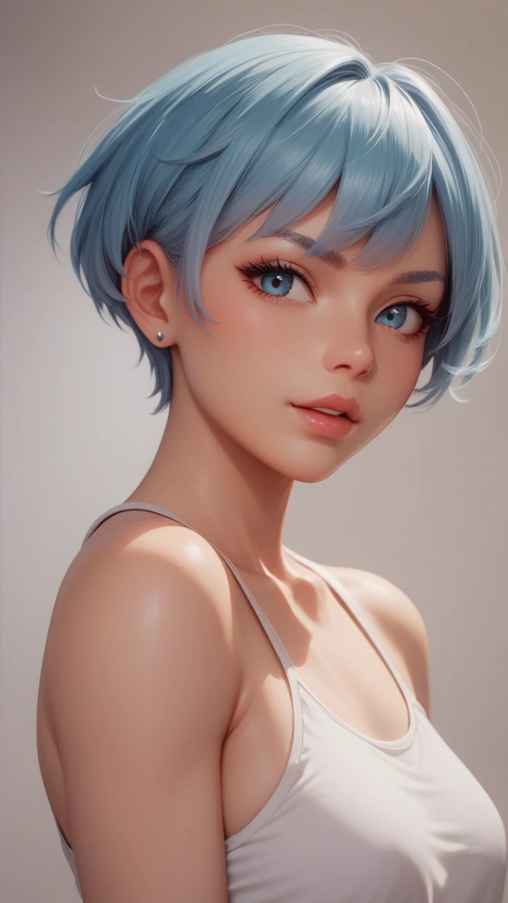 A charming young girl. highly detailed, messy, short blue hair with bangs. Radiant blue eyes. Red lips. Show chest skin, open chest. Fitness detail. Correct anatomy. Dynamic poses. High Contrast. High-quality cell-shaded illustration in anime style. High-quality realistic painting by WLOP, artgerm, Zumi, Nixeu, Sakimichan, and Lexaiduer. Detailed and intricate environment. Ray tracing. Volumetric lighting. Cinematic lighting. Masterpiece. Vibrant color.