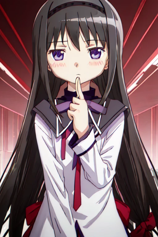 best quality, masterpiece, highres, solo, {akemi_homura_puellamagimadokamagica:1.15}, black_hair, long_hair, hairband, purple_eyes, blush, 1girl, looking_at_viewer, magical_girl, portrait, black_hairband