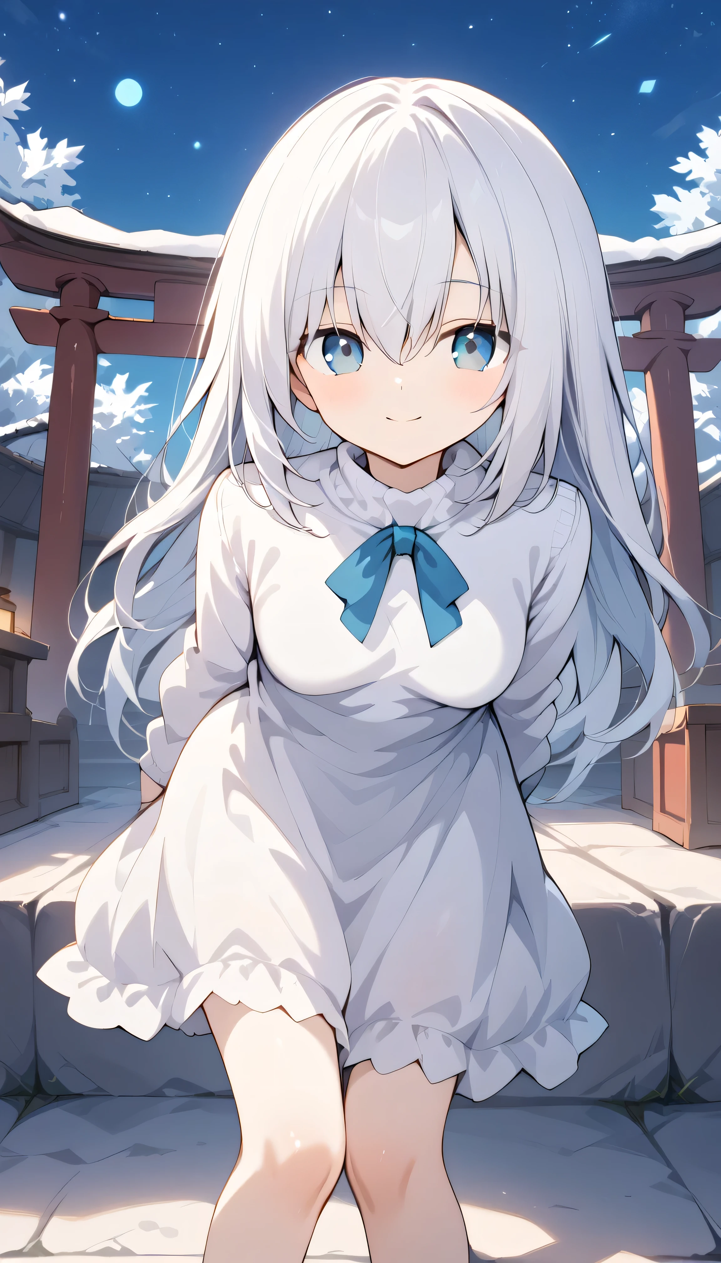 white hair blue eyes small breasts long hair stupid hair Alone, can see his eyebrows from inside his hair, hair between eyes , Watch Viewers , masterpiece, top quality , Outdoors field shrine in the night Night Sky starry sky snowy first visit of the year to a shrine Cobblestones steam winnter background, White Breath sweater dress close your mouth smile leaning forward fold your hands behind your back