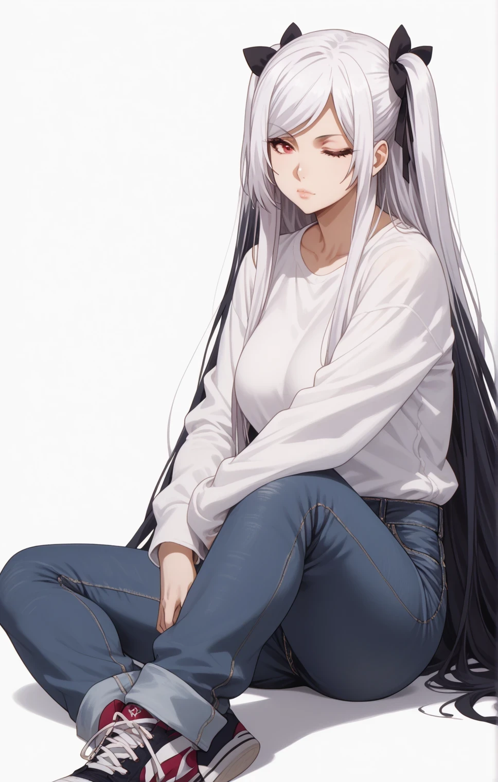 Source anime, Tall girl, Fit girl,score_9, score_8_up, score_7_up, score_6_up, uncensored, alexia midgar, long hair, very long hair, black hair ribbon, white hair, red eyes, sidelocks, ribbon, large breast, gyaru, 1girl, solo, sitting, pants, closed_eyes, denim, jeans, shoes, white_background, shirt, white_footwear, simple_background, lips, sneakers, holding, long_sleeves, bangs, grey_shirt, closed_mouth,loose pants, oversized pants 