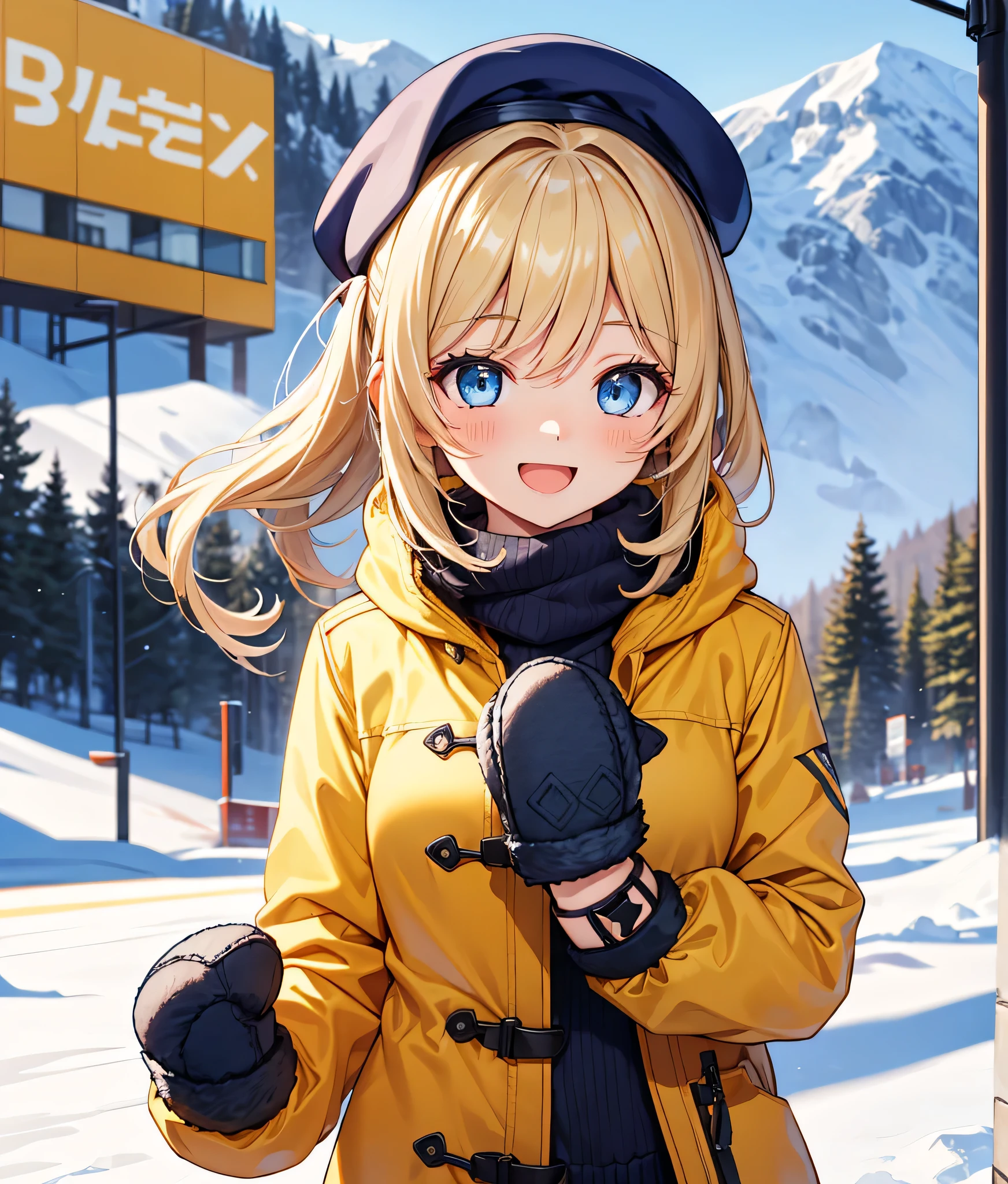 One Girl , Alone, high res, long hair, eye catching , blush, smiles, blue eyes, Blonde, high res, masterpiece, accurate, is entangled with his hands and feet in front of an anatomically correct , won numerous awards, 最high quality, detail , High detail , high quality, quality, retina, very detailed, Textured Skin, Ultra Fine, pants style , ski resort, ski resort background, , (((Mittens gloves ))), knitted hat, ((((yellow ski wear)))), Emphasize the upper body, Snow is falling, Wrap a scarf, Bring me warm coffee, open your mouth, Laugh happily, ,