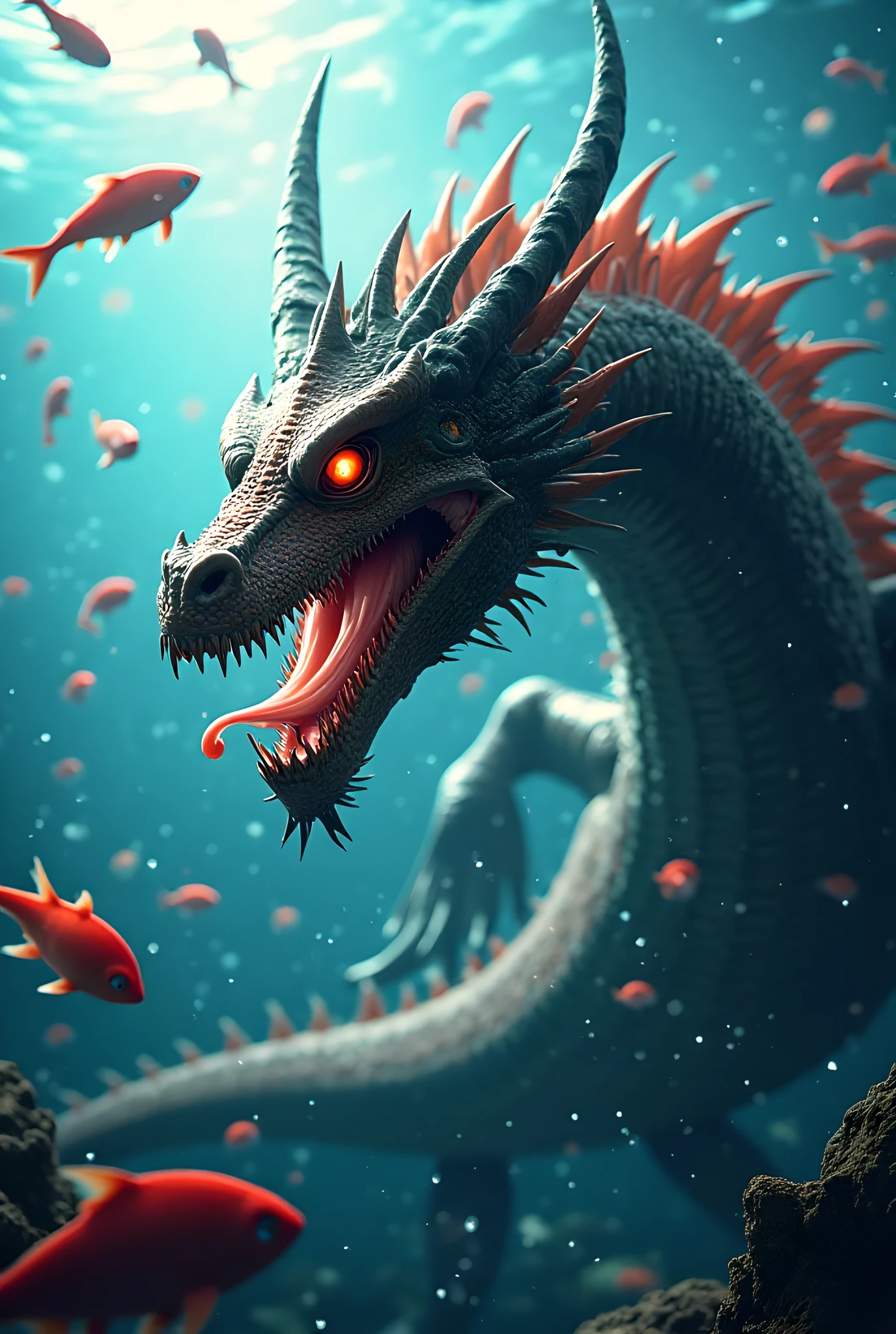 Panorama，A creature in water，Old and dragon body(best quality，4K，8k，High level，masterpiece：1.2），Ultra Detailed，（lifelike，Photo real，Photo real：1.37），Highly detailed animals，Complex patterns，Realistic lighting，Fantasy Creatures