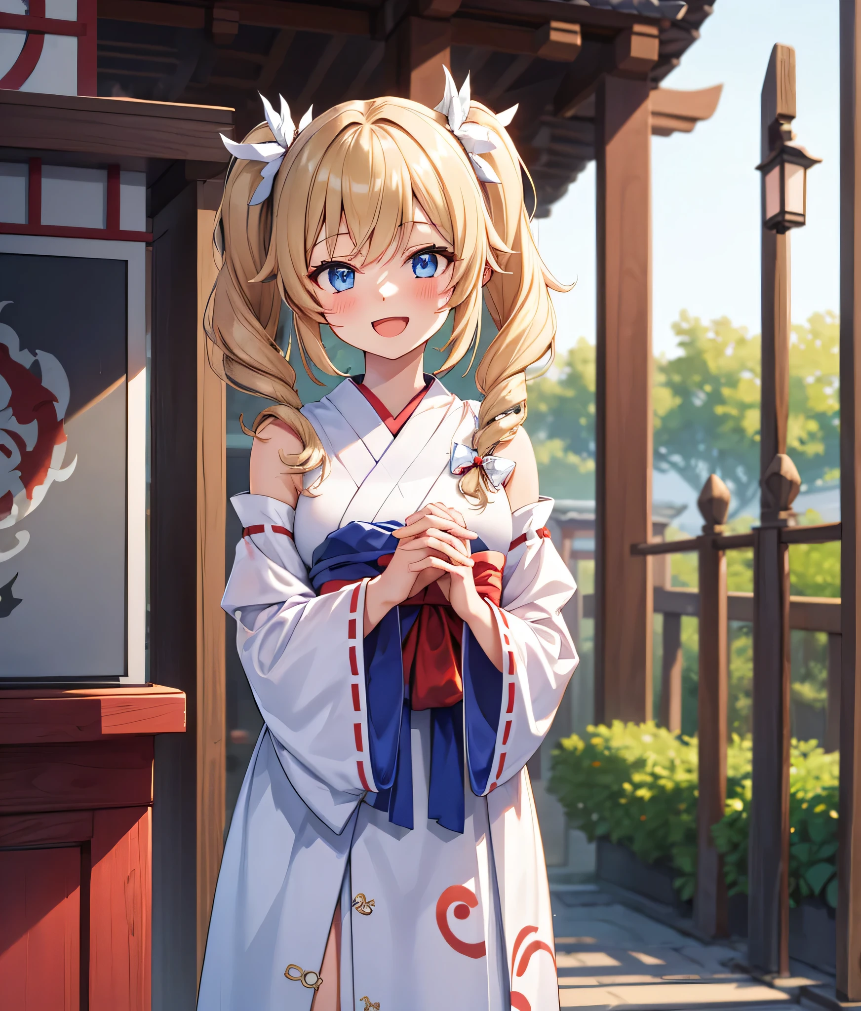 One Girl , Alone, high res, long hair, eye catching , blush, smiles, blue eyes, Blonde, high res, masterpiece, accurate, is entangled with his hands and feet in front of an anatomically correct , won numerous awards, 最high quality, detail , High detail , high quality, quality, retina, very detailed, Textured Skin, Ultra Fine, Shrine Background , , (((( Shrine Maiden Costume)))), Emphasize the upper body, open your mouth, Laugh happily,